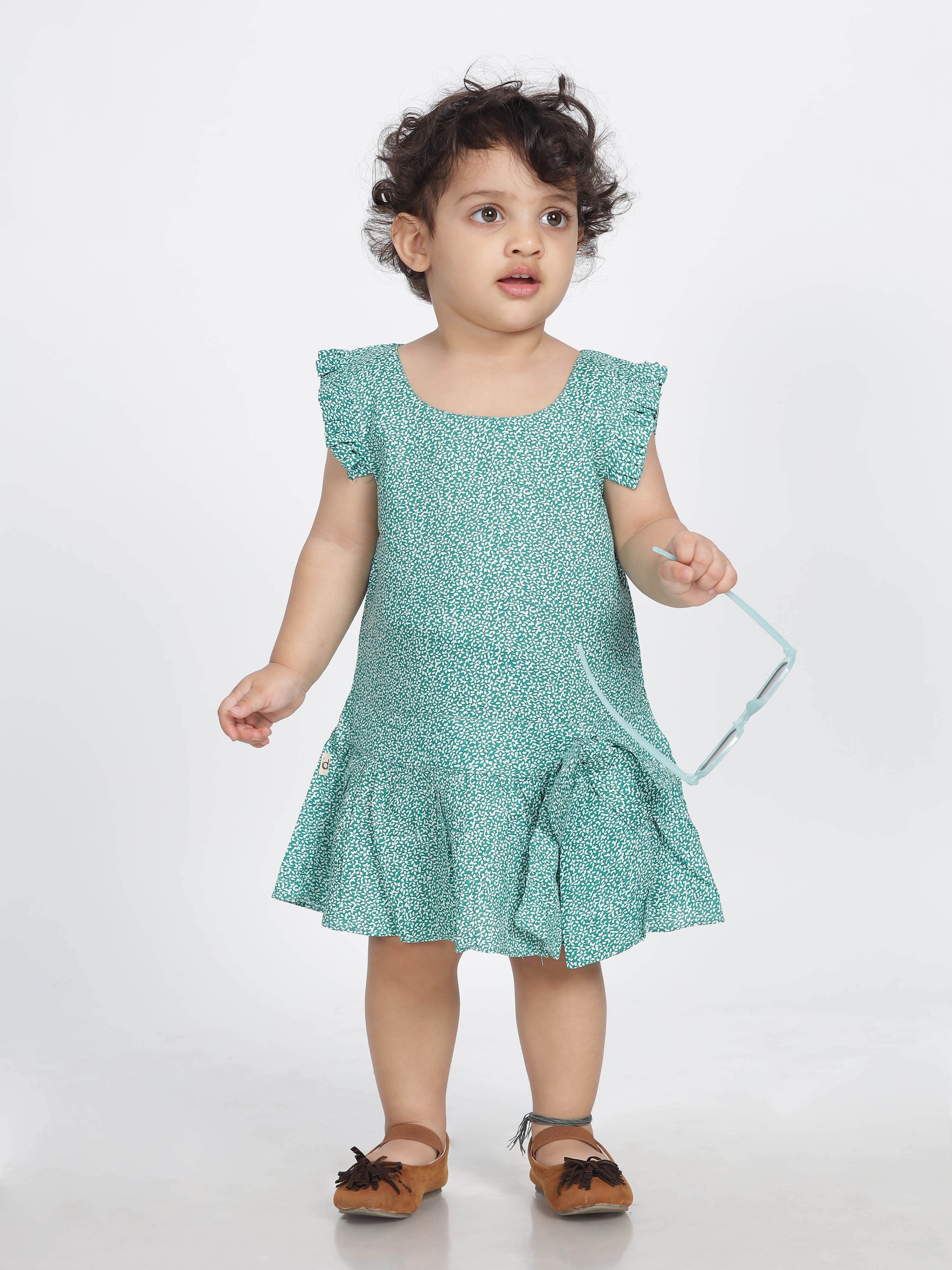 Green Printed Ruffled Sleeves Bow Front Frock