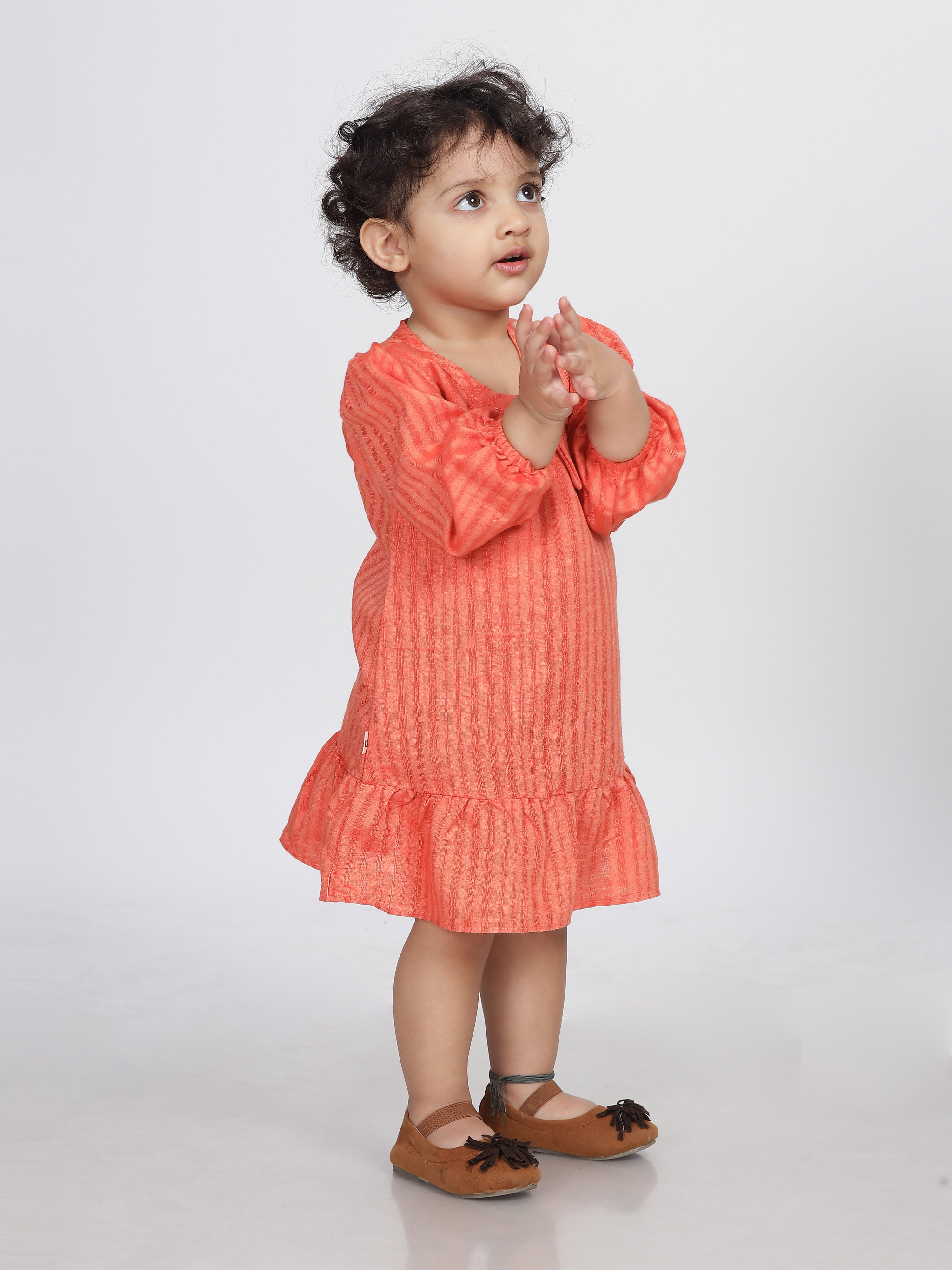 Coral Self Stripped Frill Frock