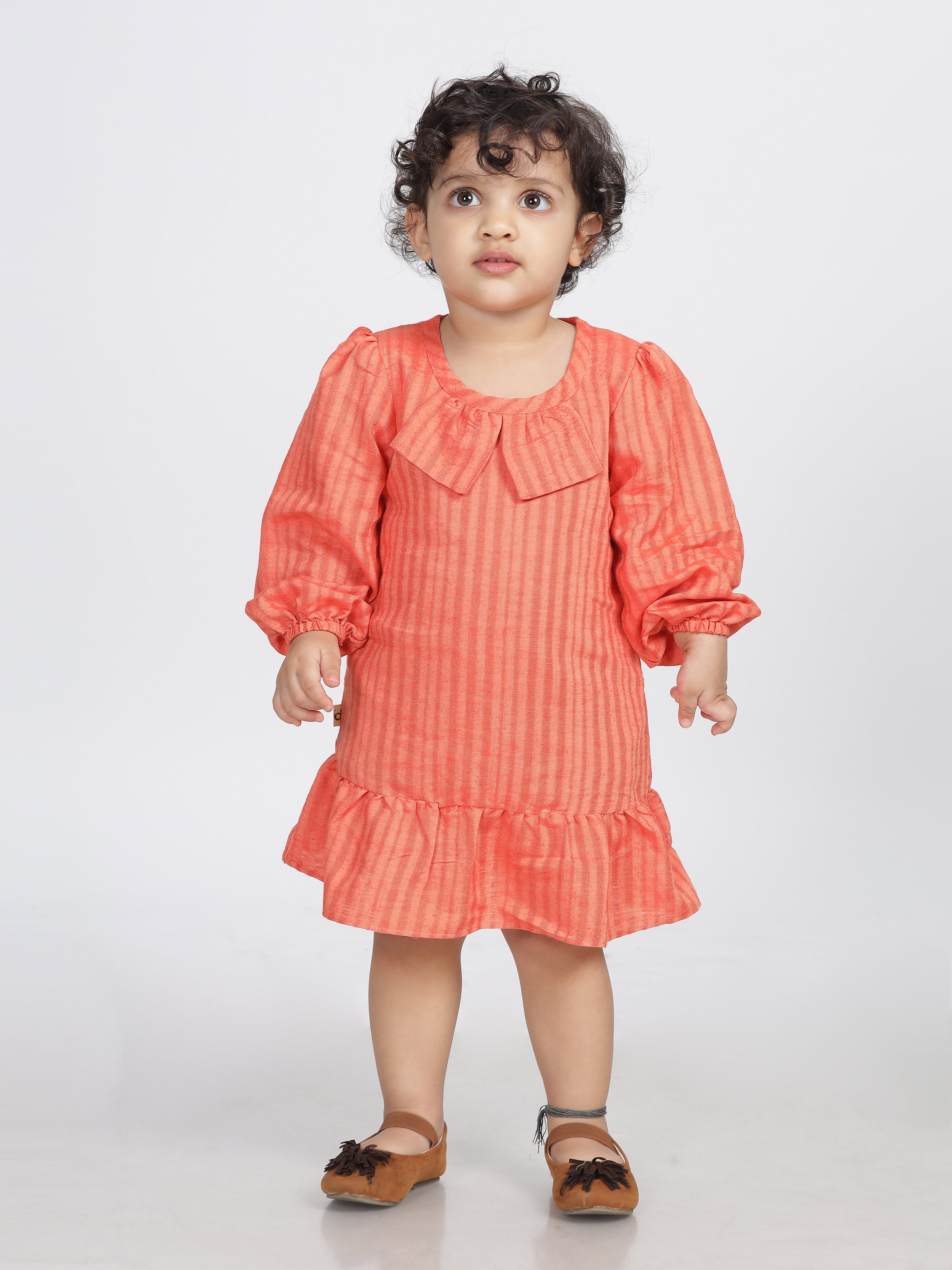 Coral Self Stripped Frill Frock