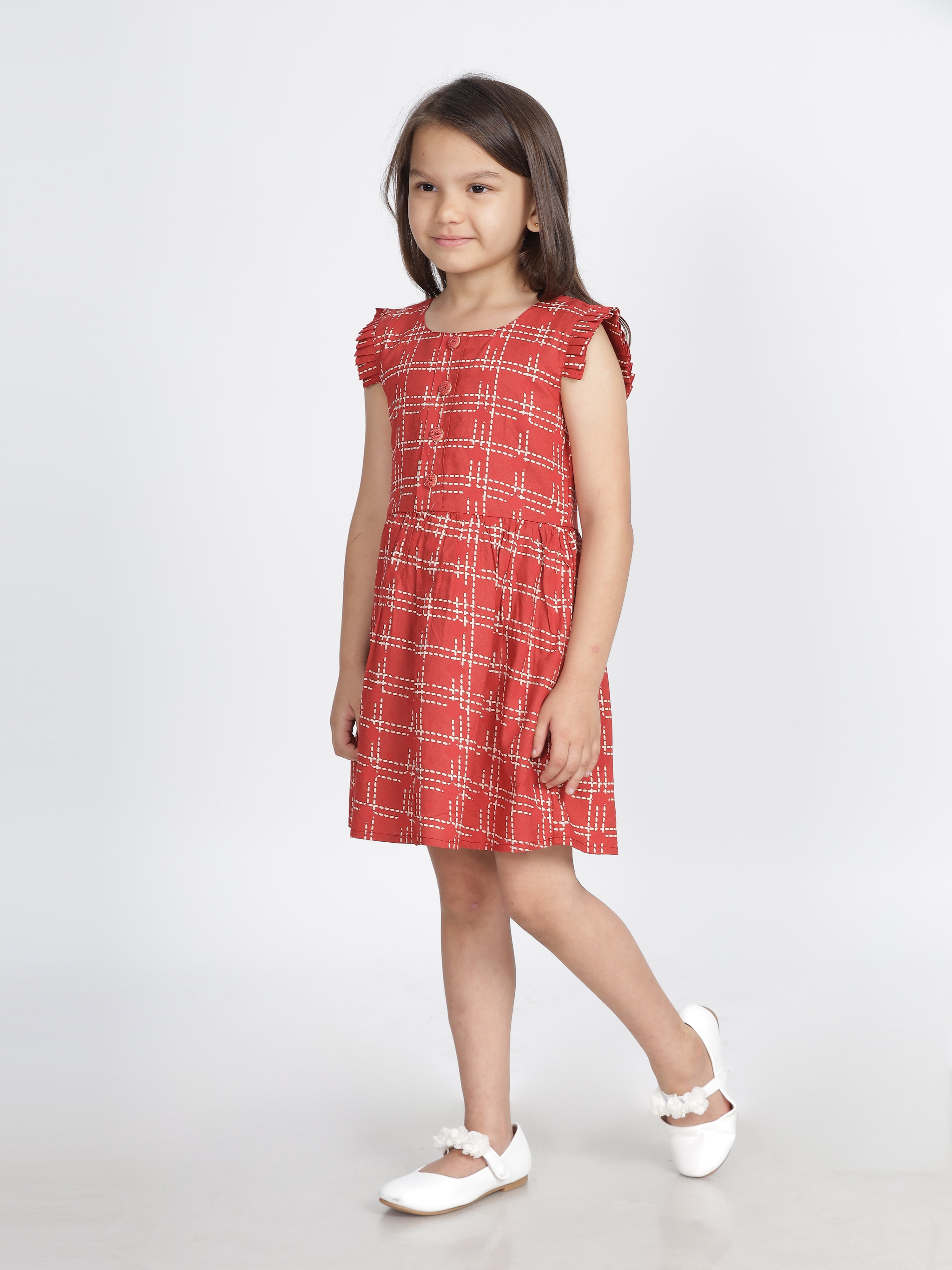 Coral Semi Checkered Ruffled Sleeves Front Open Frock