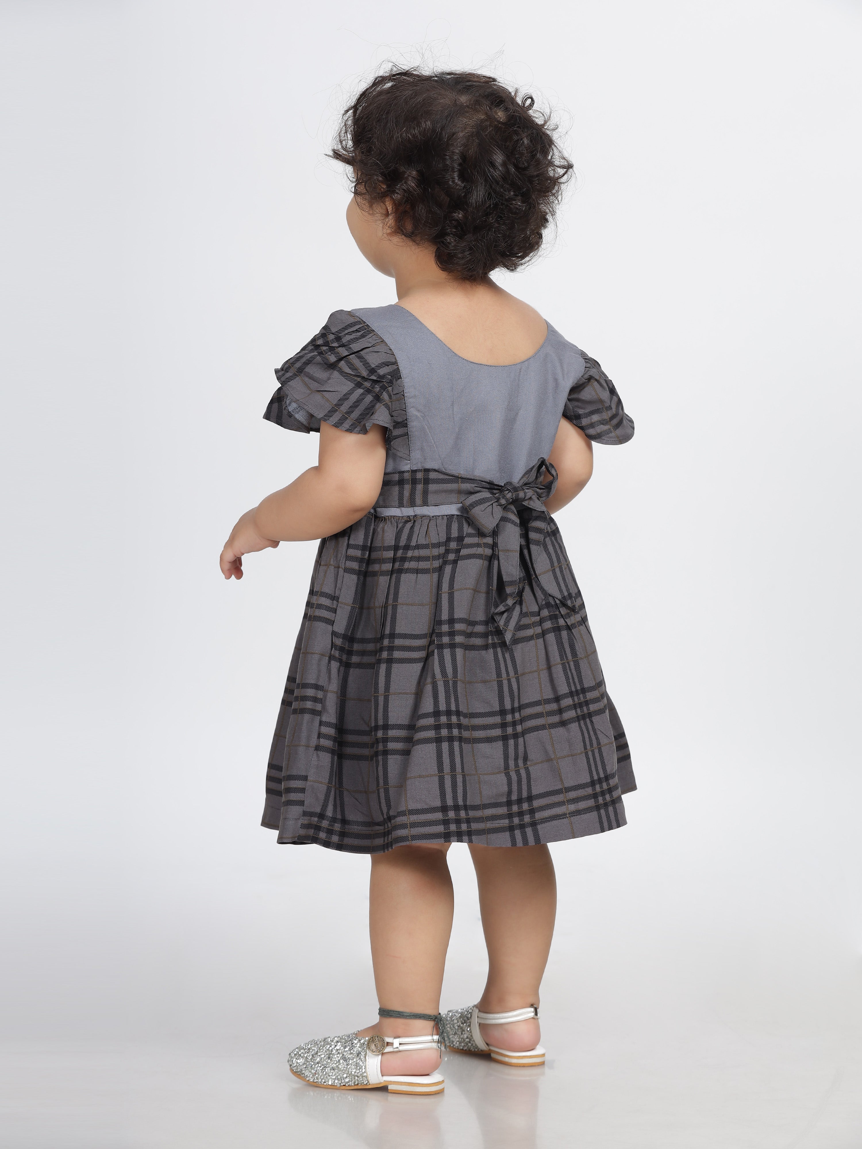 Grey Checkered Frill Sleeves Frock