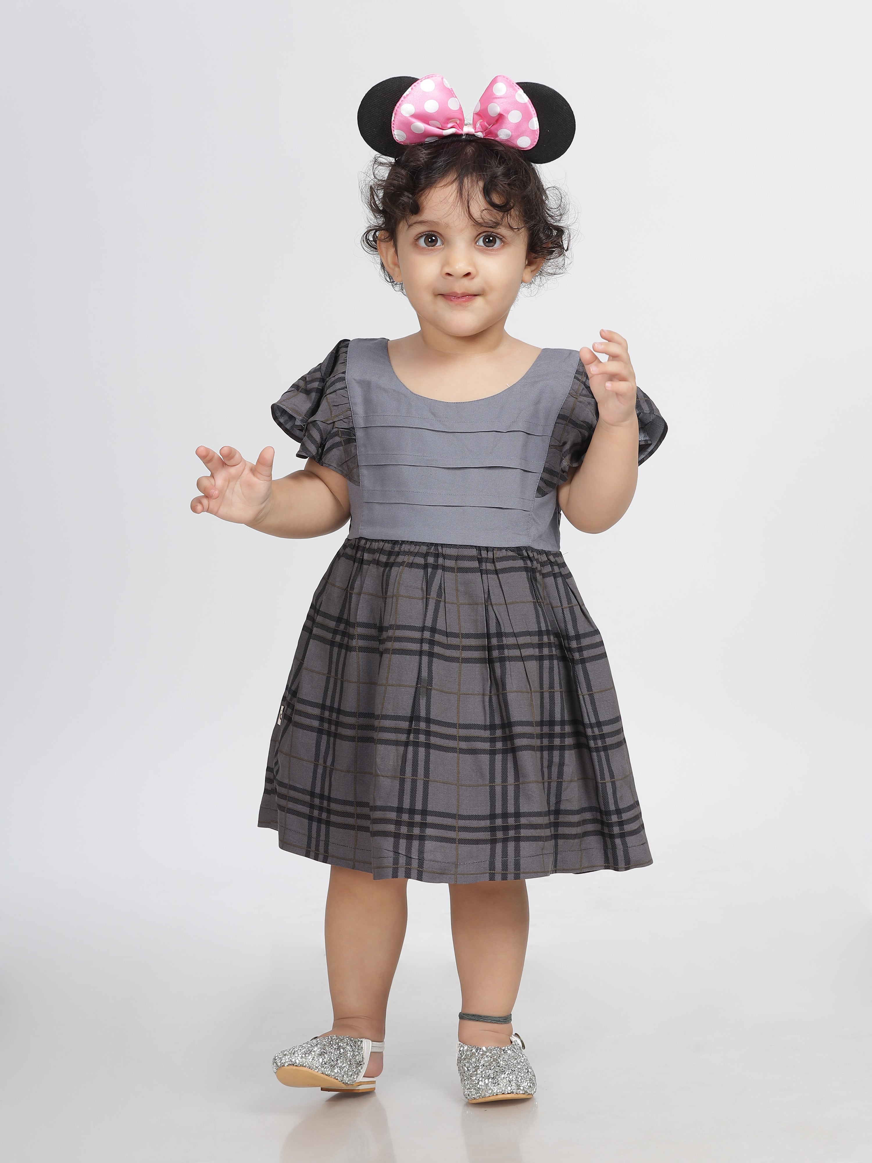 Grey Checkered Frill Sleeves Frock