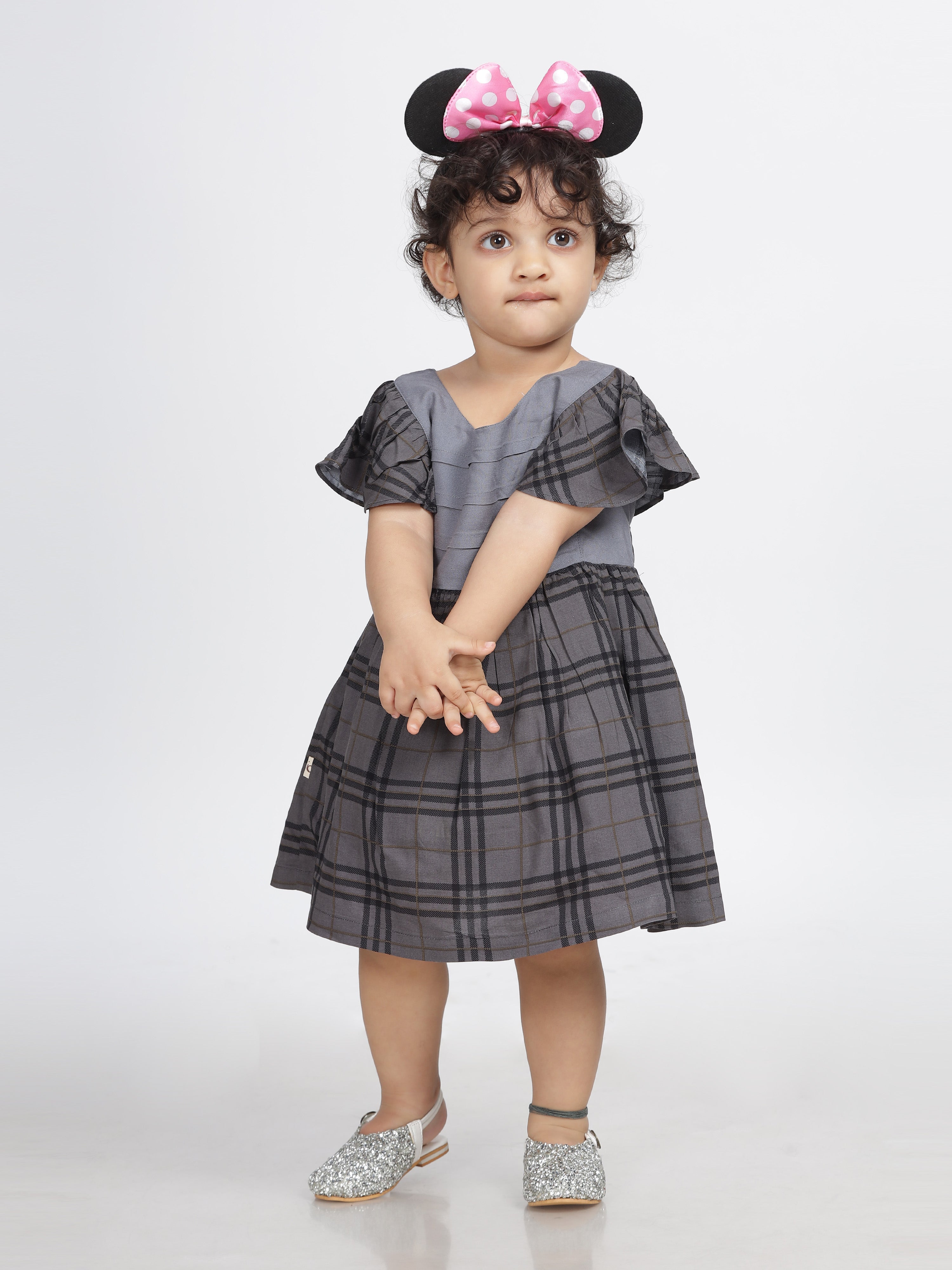 Grey Checkered Frill Sleeves Frock