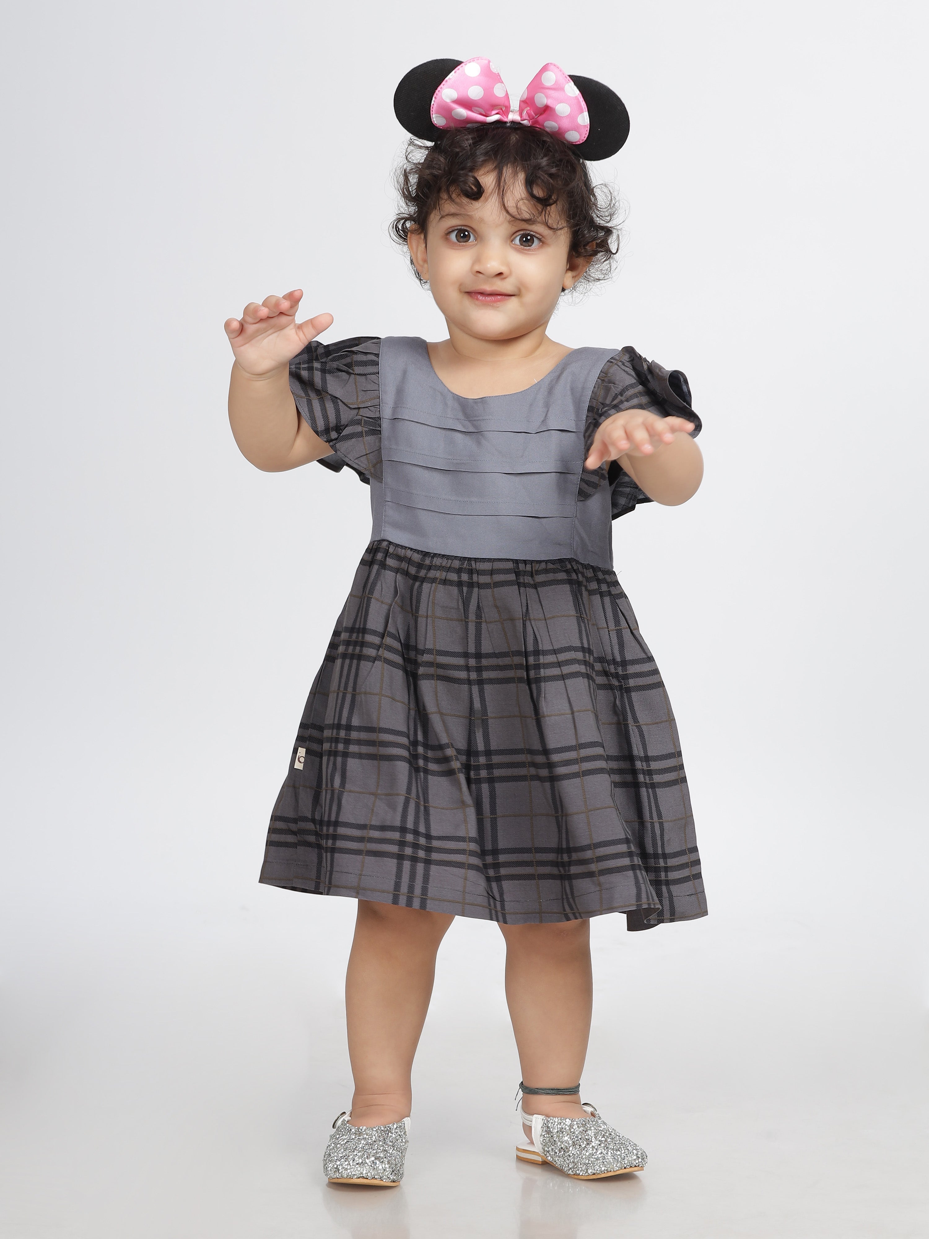 Grey Checkered Frill Sleeves Frock