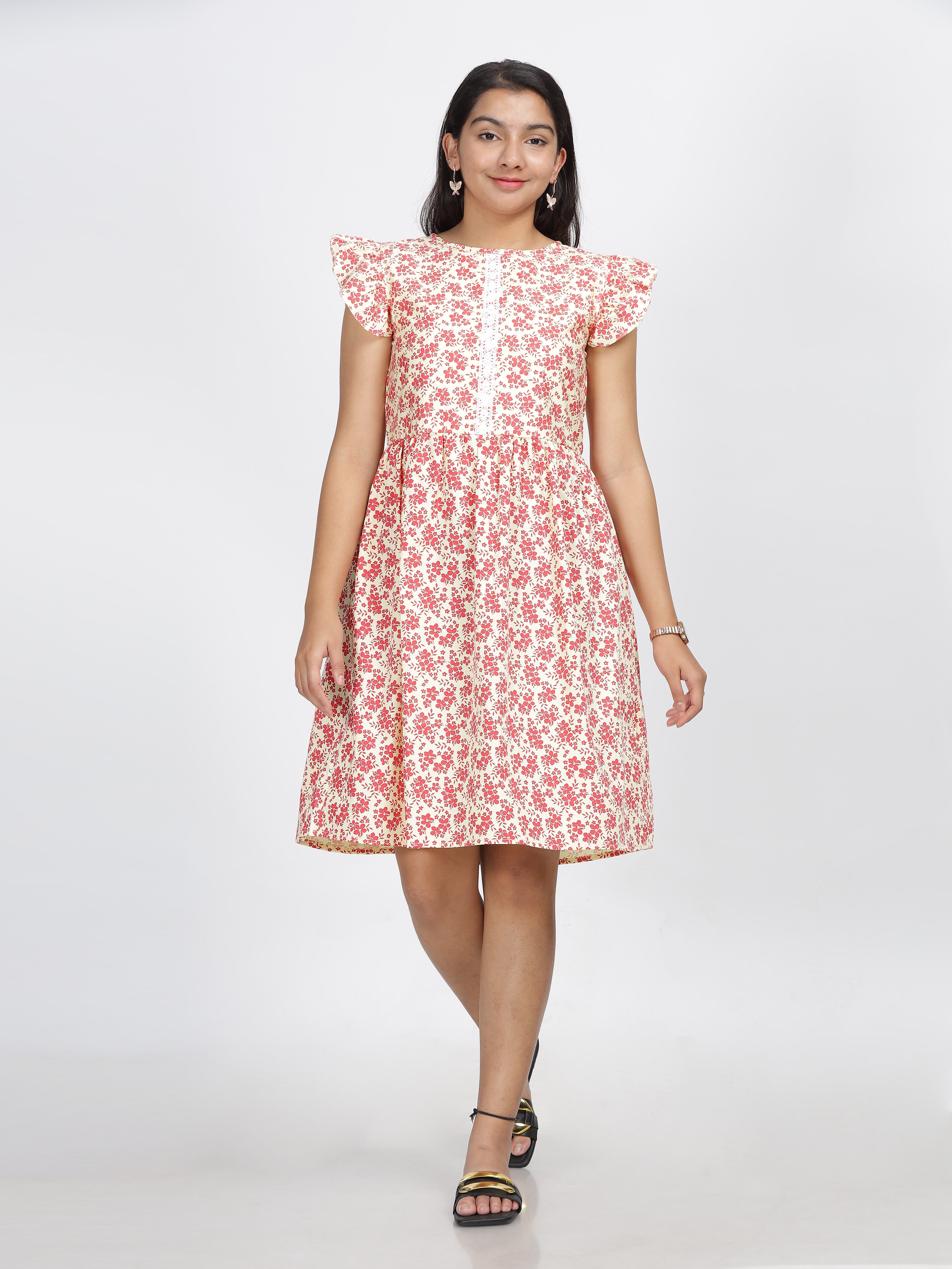 Rose Garden Flutter Sleeve A-Line Dress