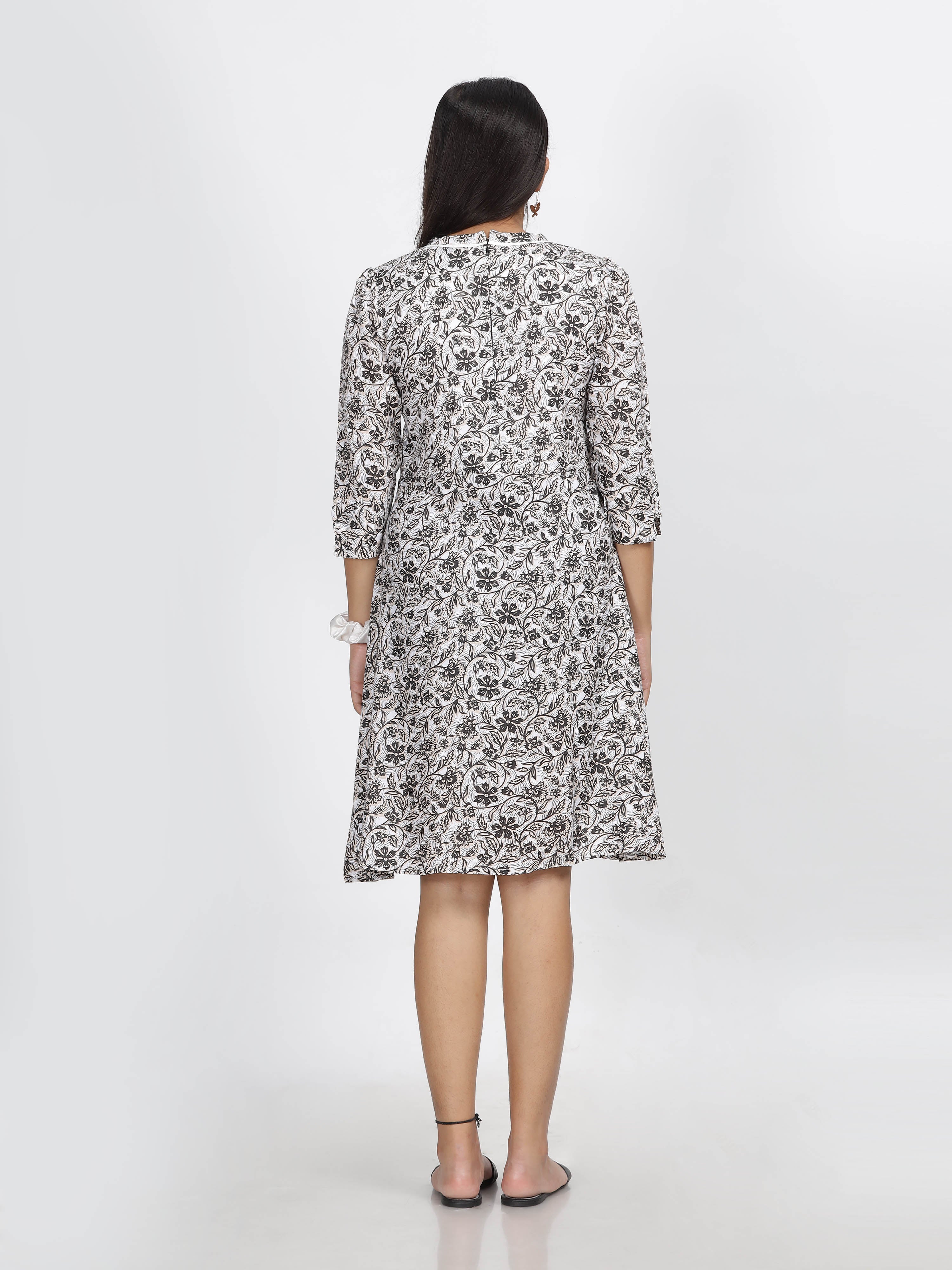 Monochrome Floral Elegance A-Line Dress