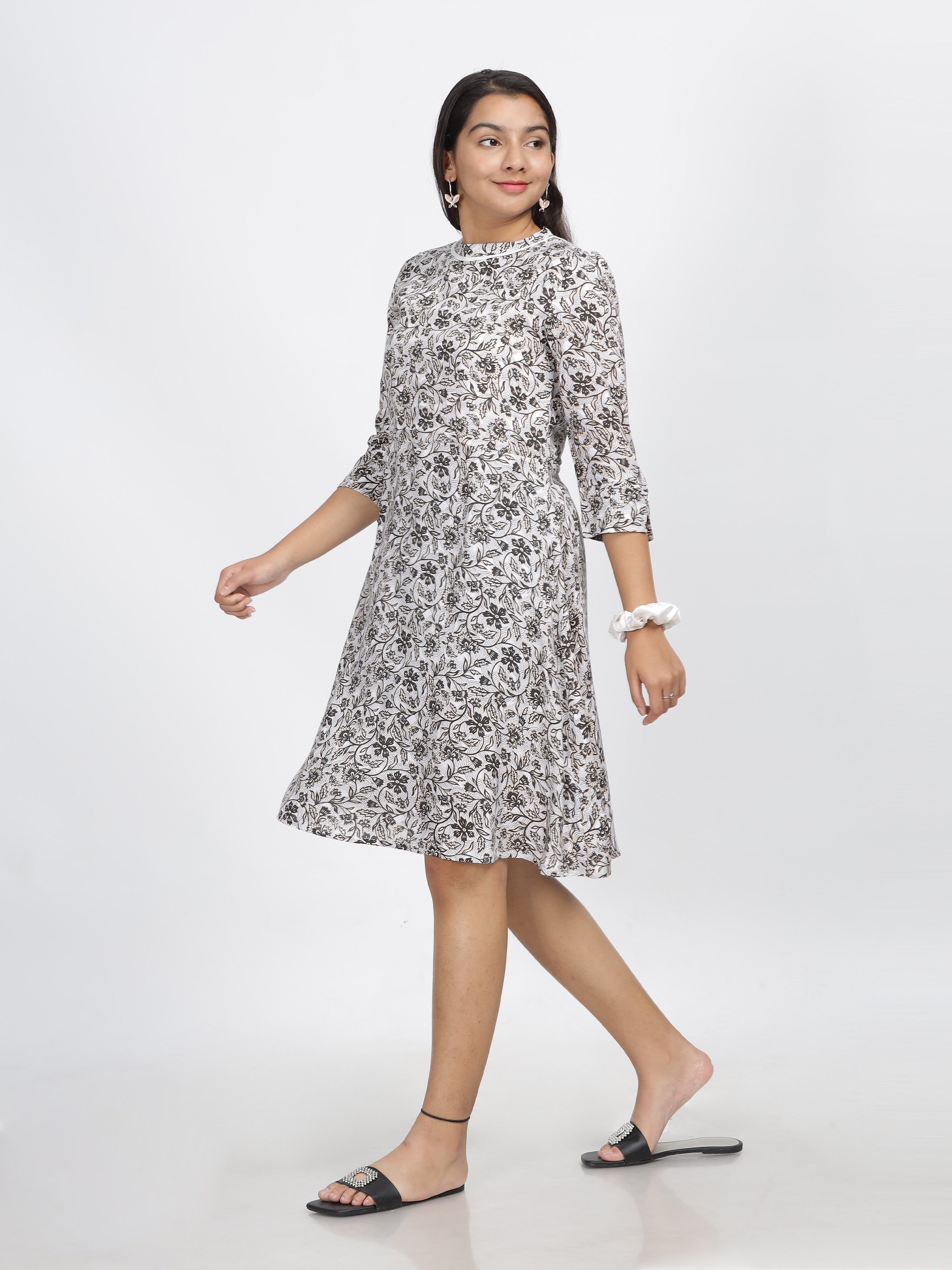 Monochrome Floral Elegance A-Line Dress