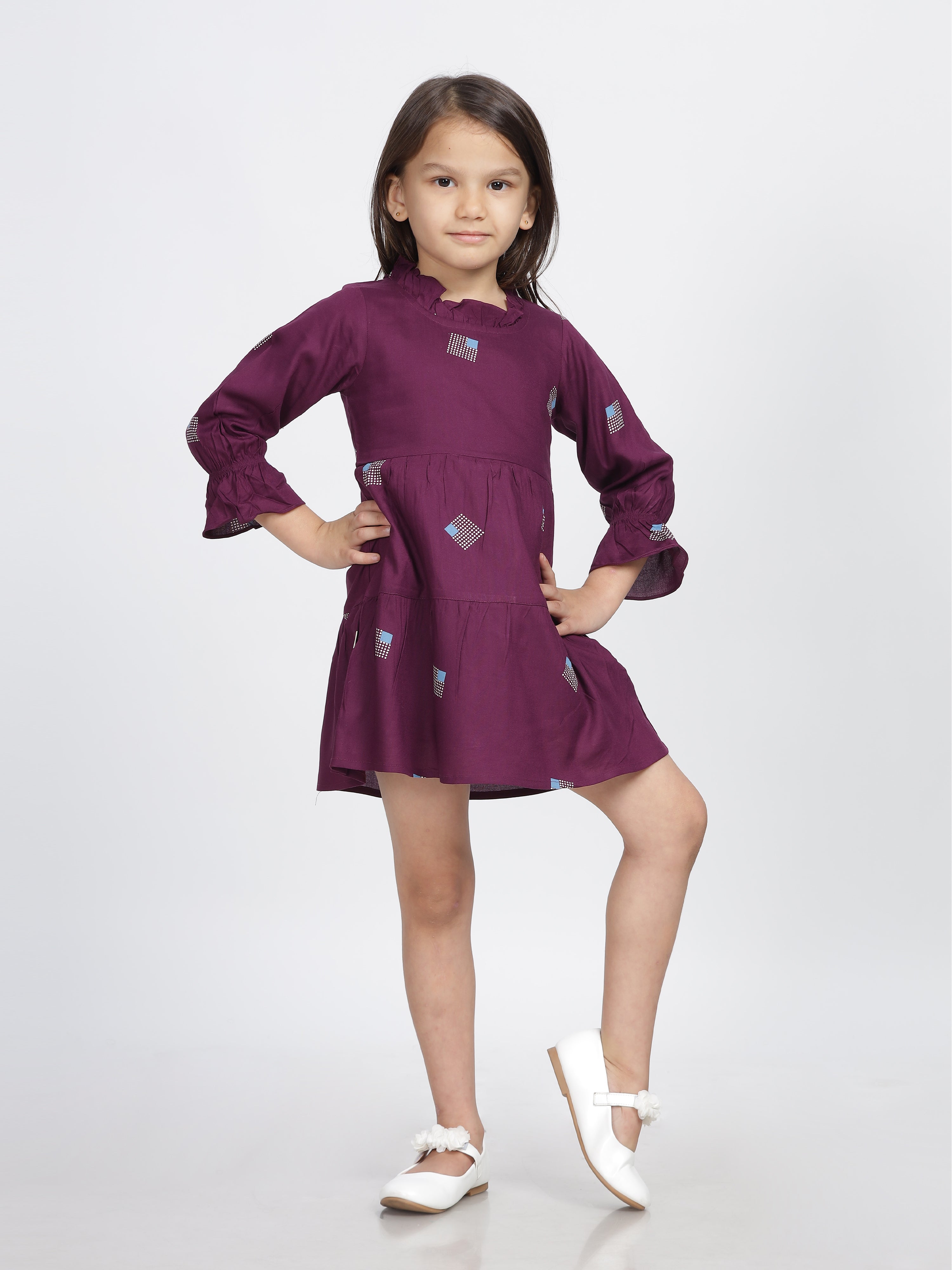 Magenta Frill Neck & Sleeves Frock