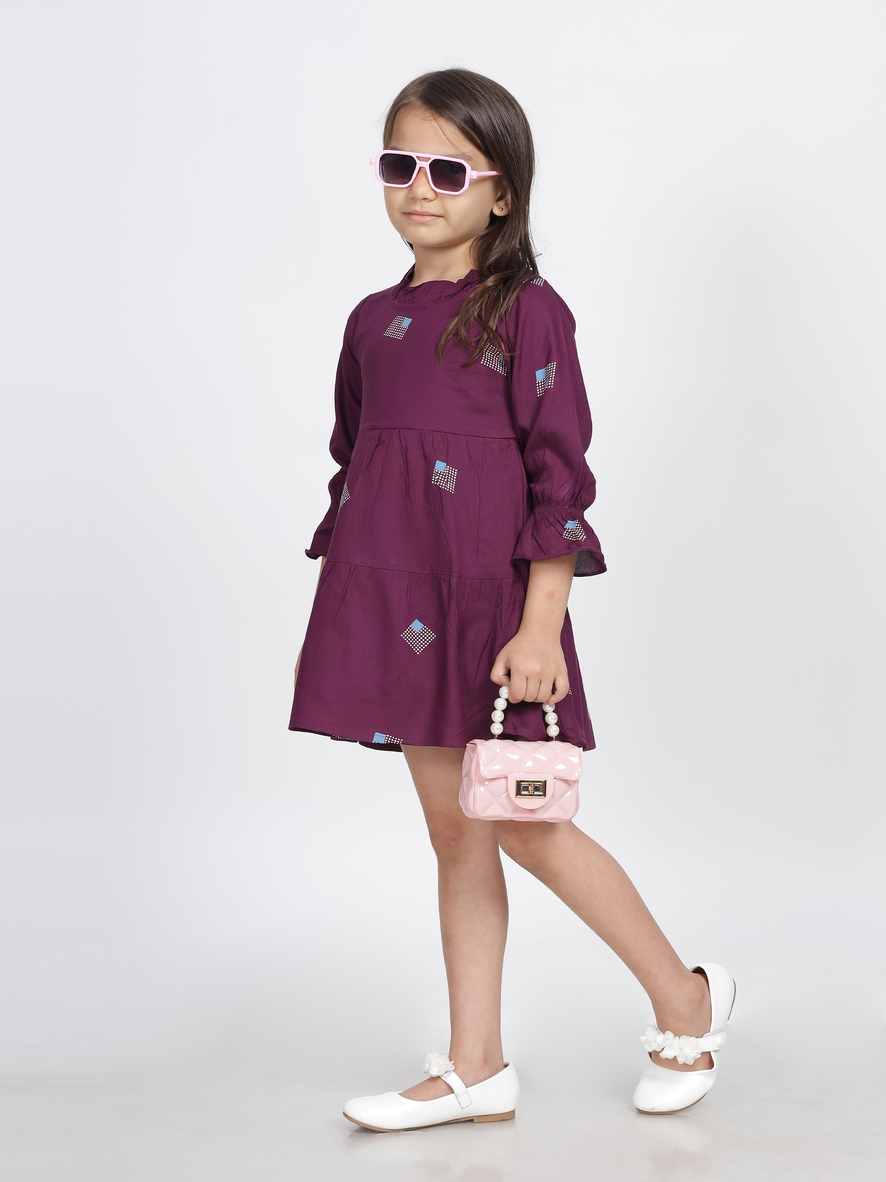 Magenta Frill Neck & Sleeves Frock