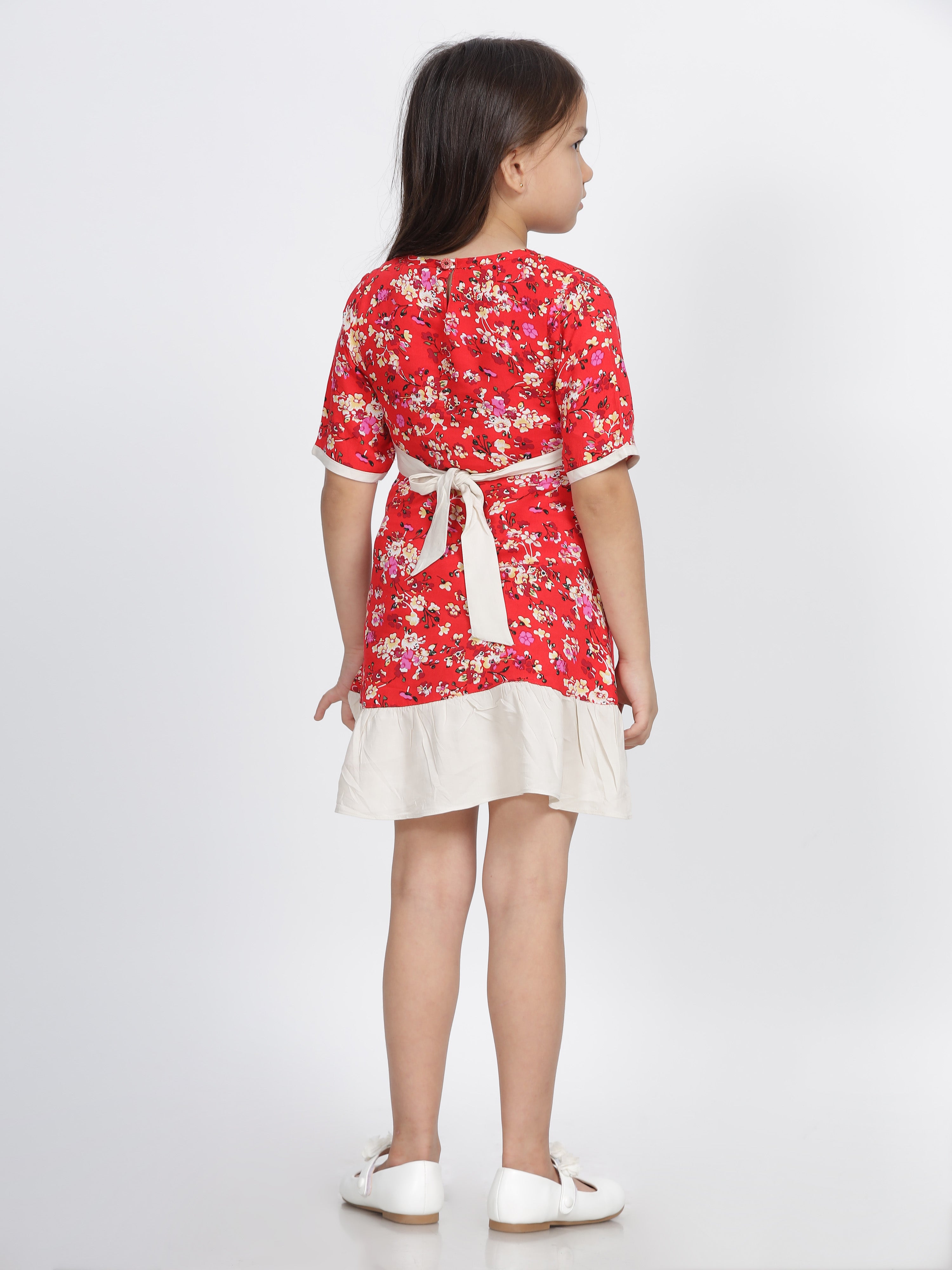 Red & White Floral Printed A Line Frock