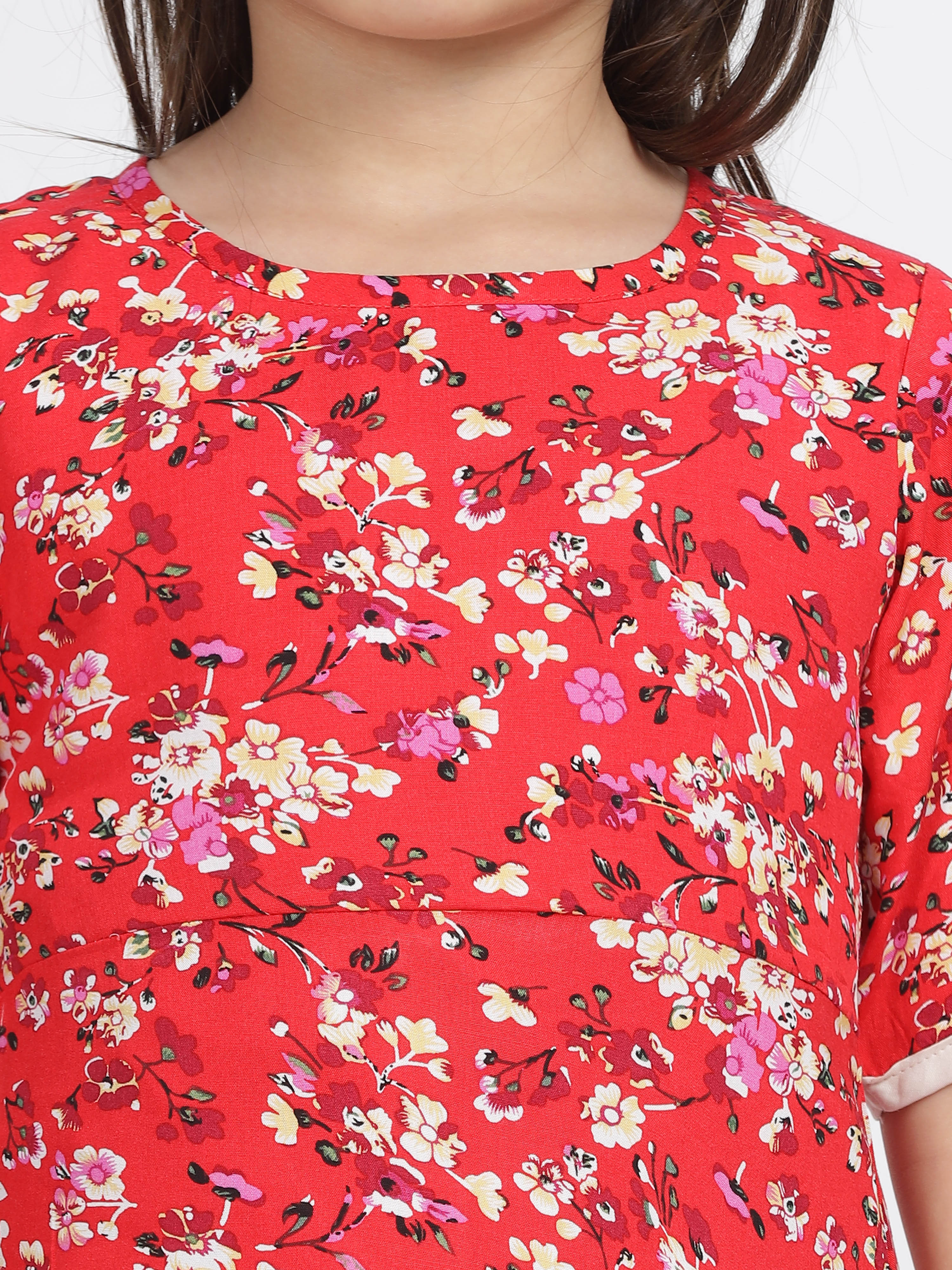 Red & White Floral Printed A Line Frock