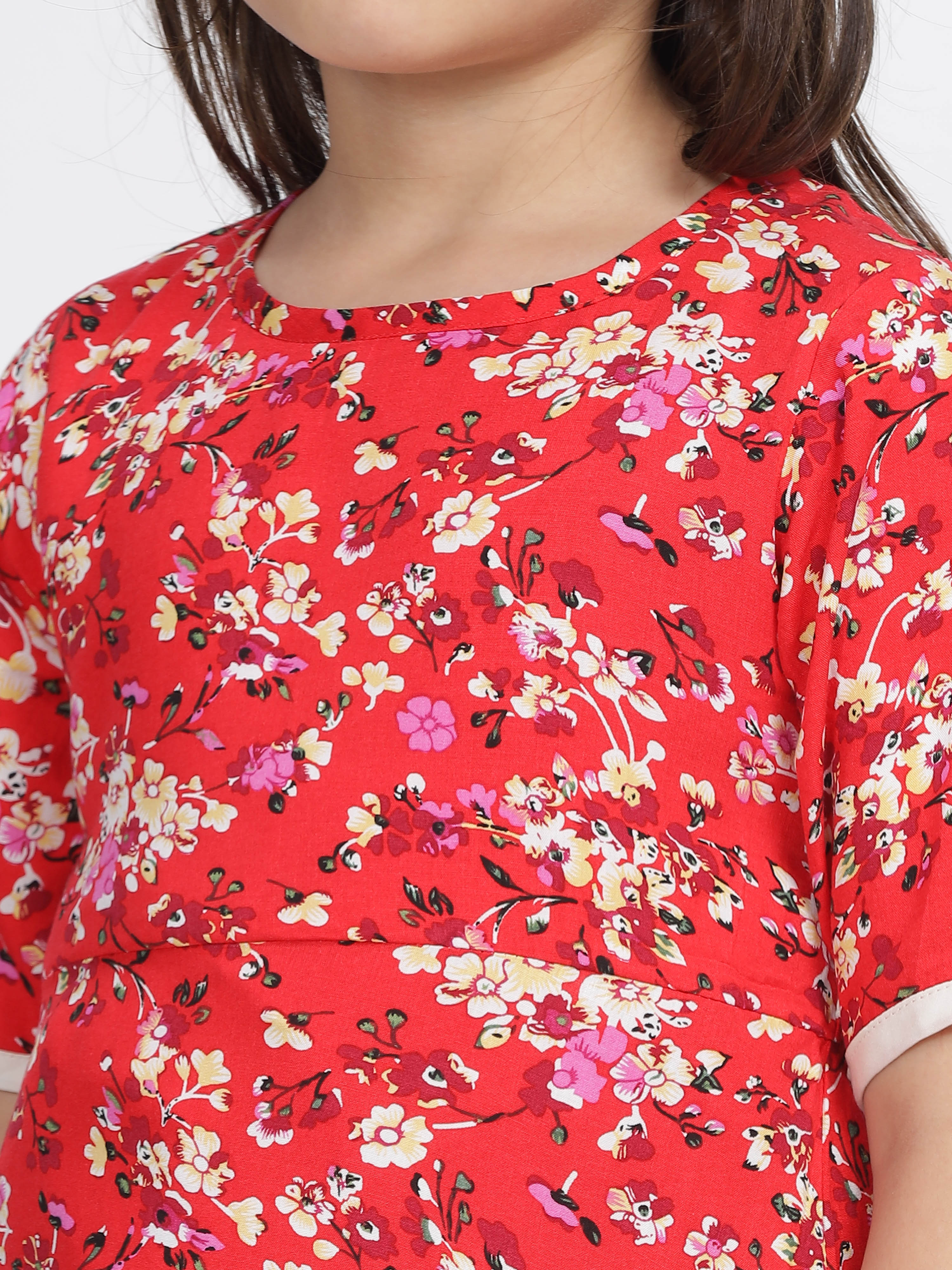 Red & White Floral Printed A Line Frock