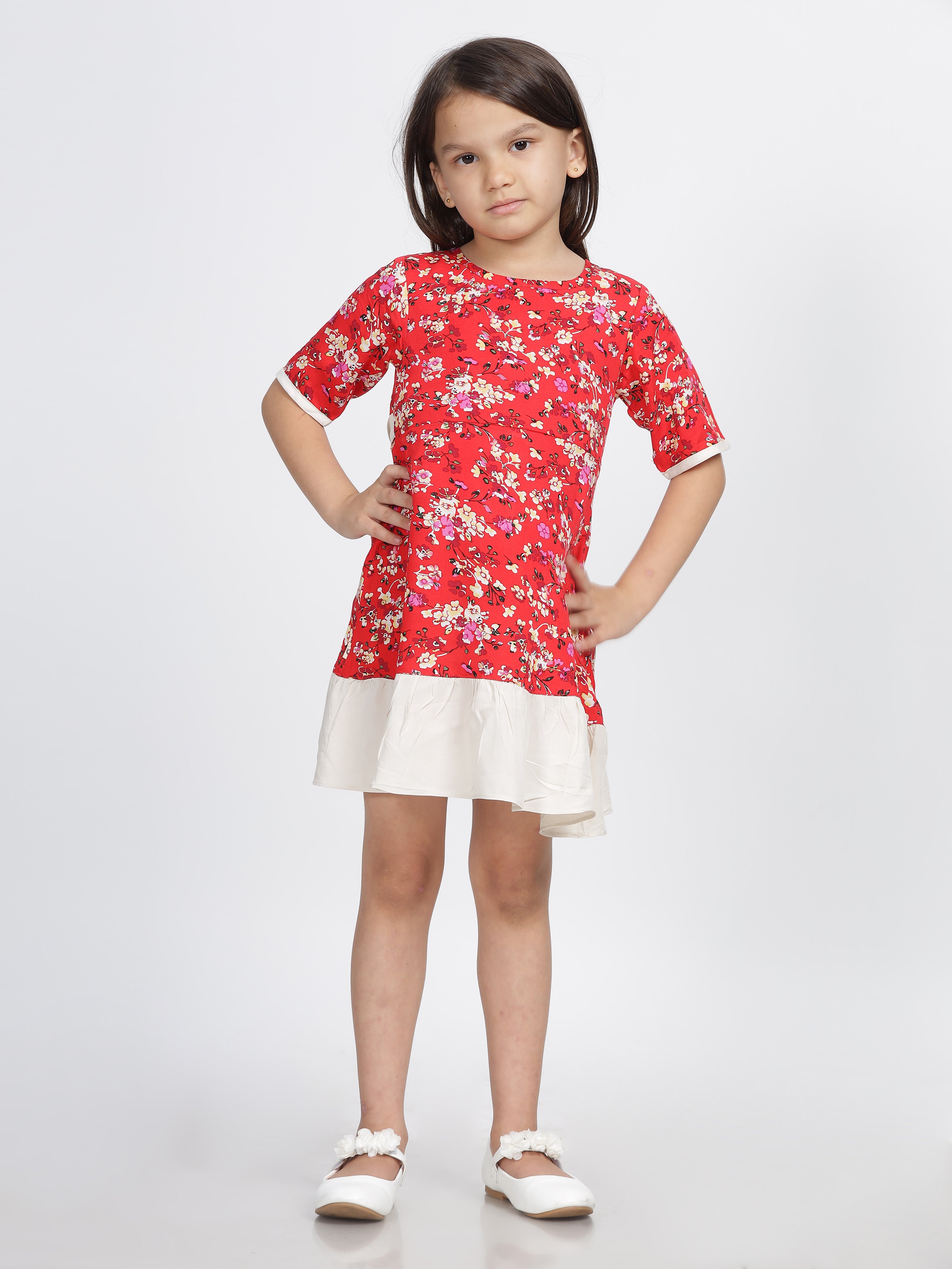 Red & White Floral Printed A Line Frock