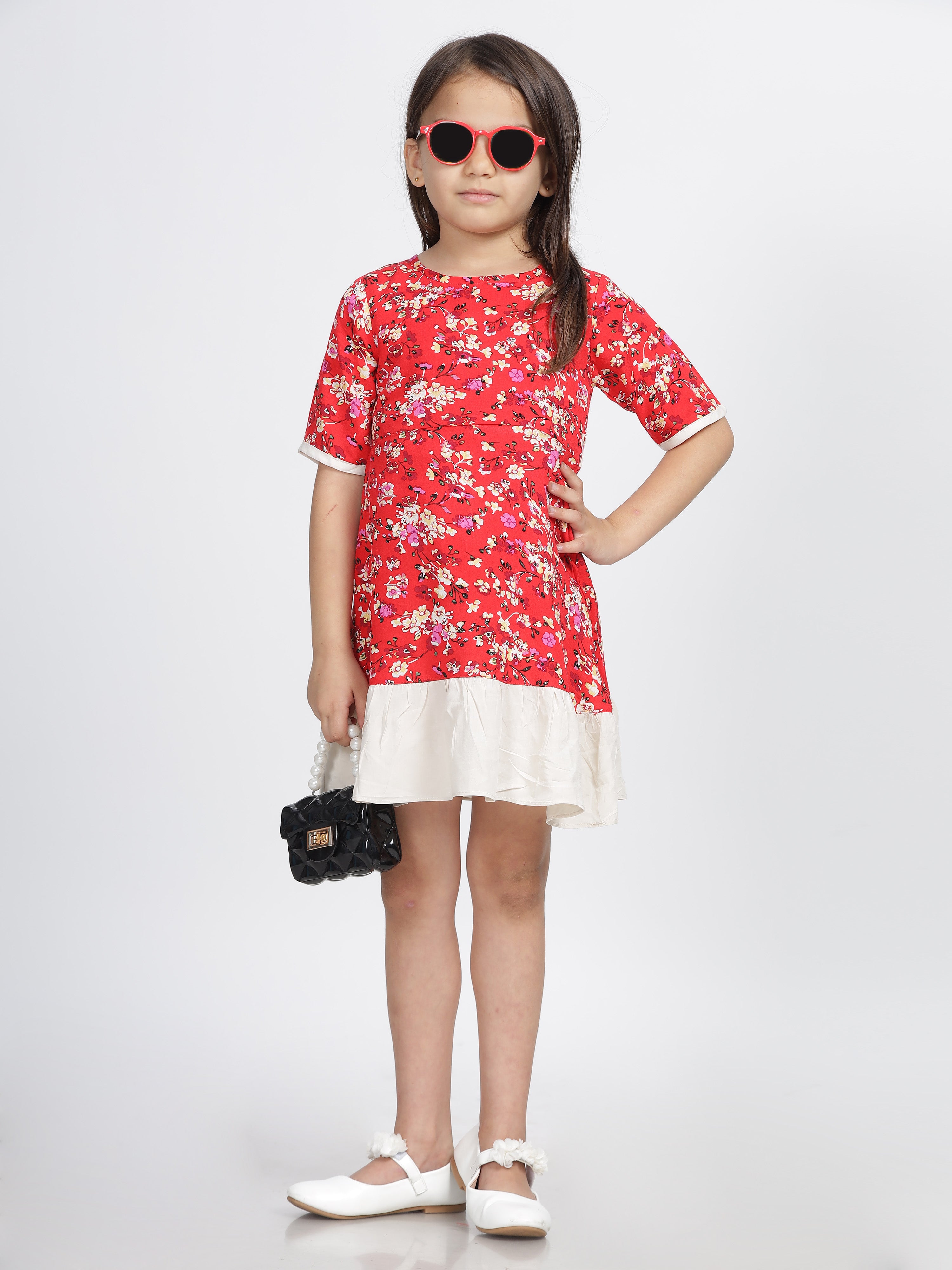 Red & White Floral Printed A Line Frock