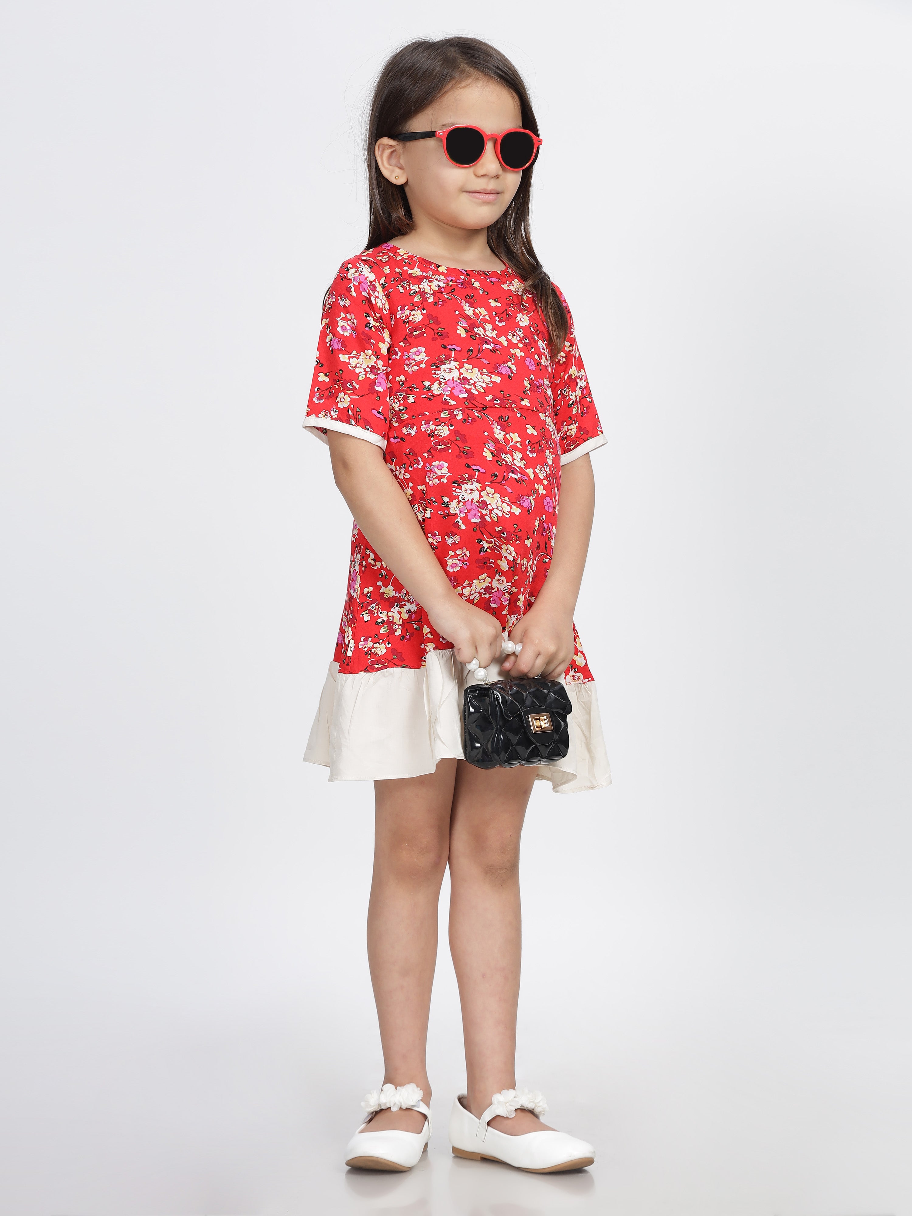 Red & White Floral Printed A Line Frock