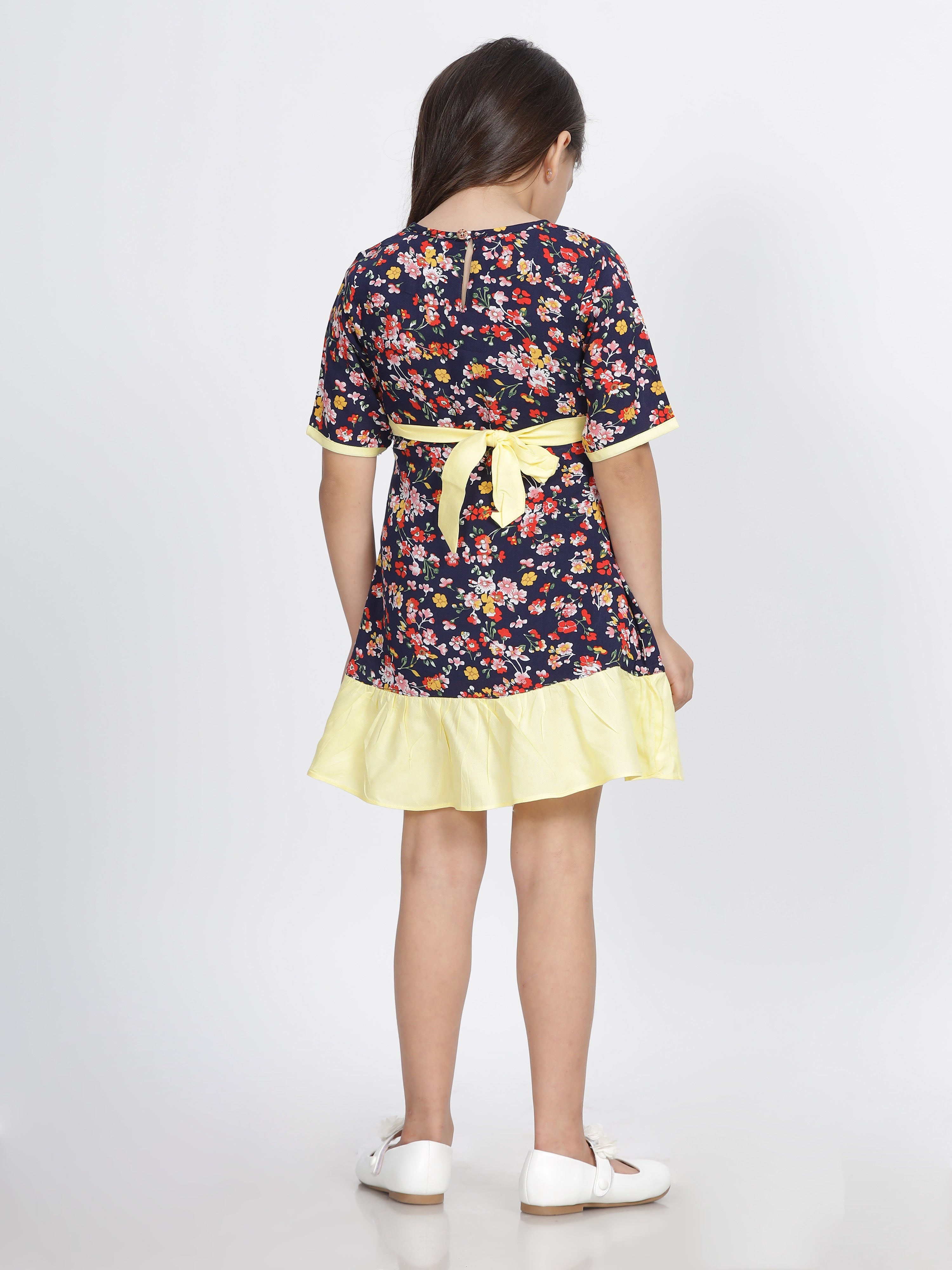 Blue & Yellow Floral Printed A Line Frock