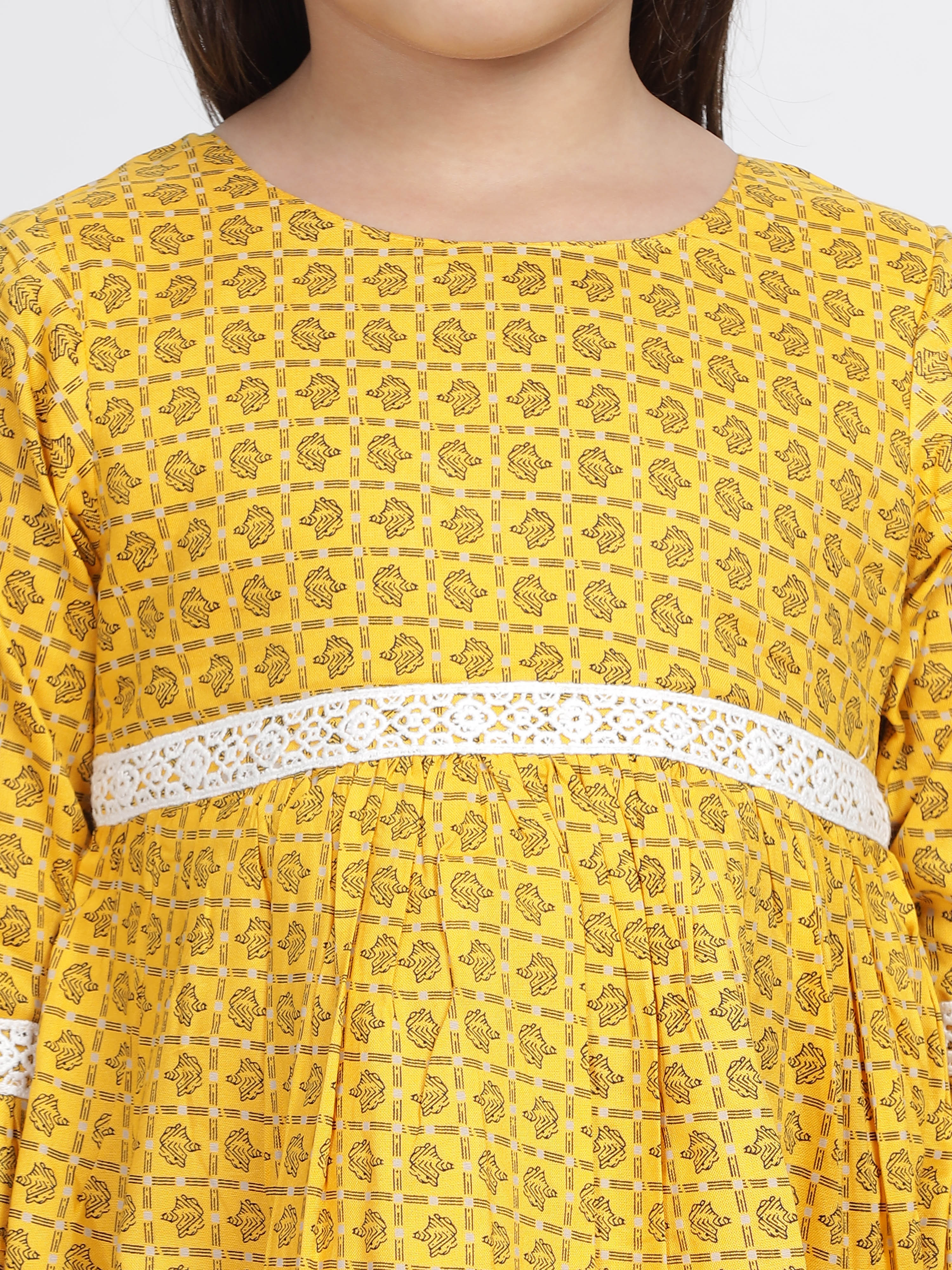 Mustard Checkered Double Frill Sleeves Lace Frock