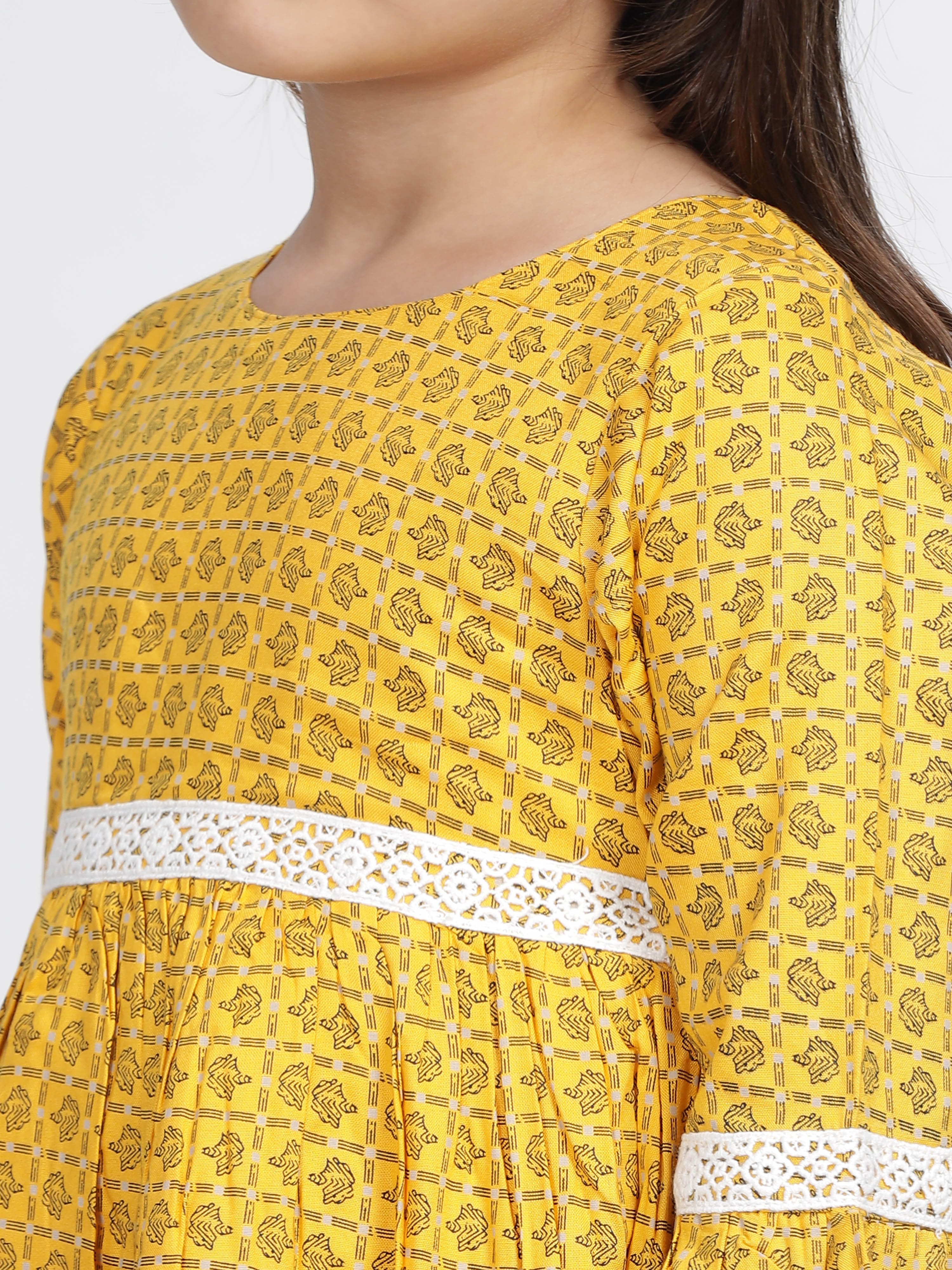 Mustard Checkered Double Frill Sleeves Lace Frock