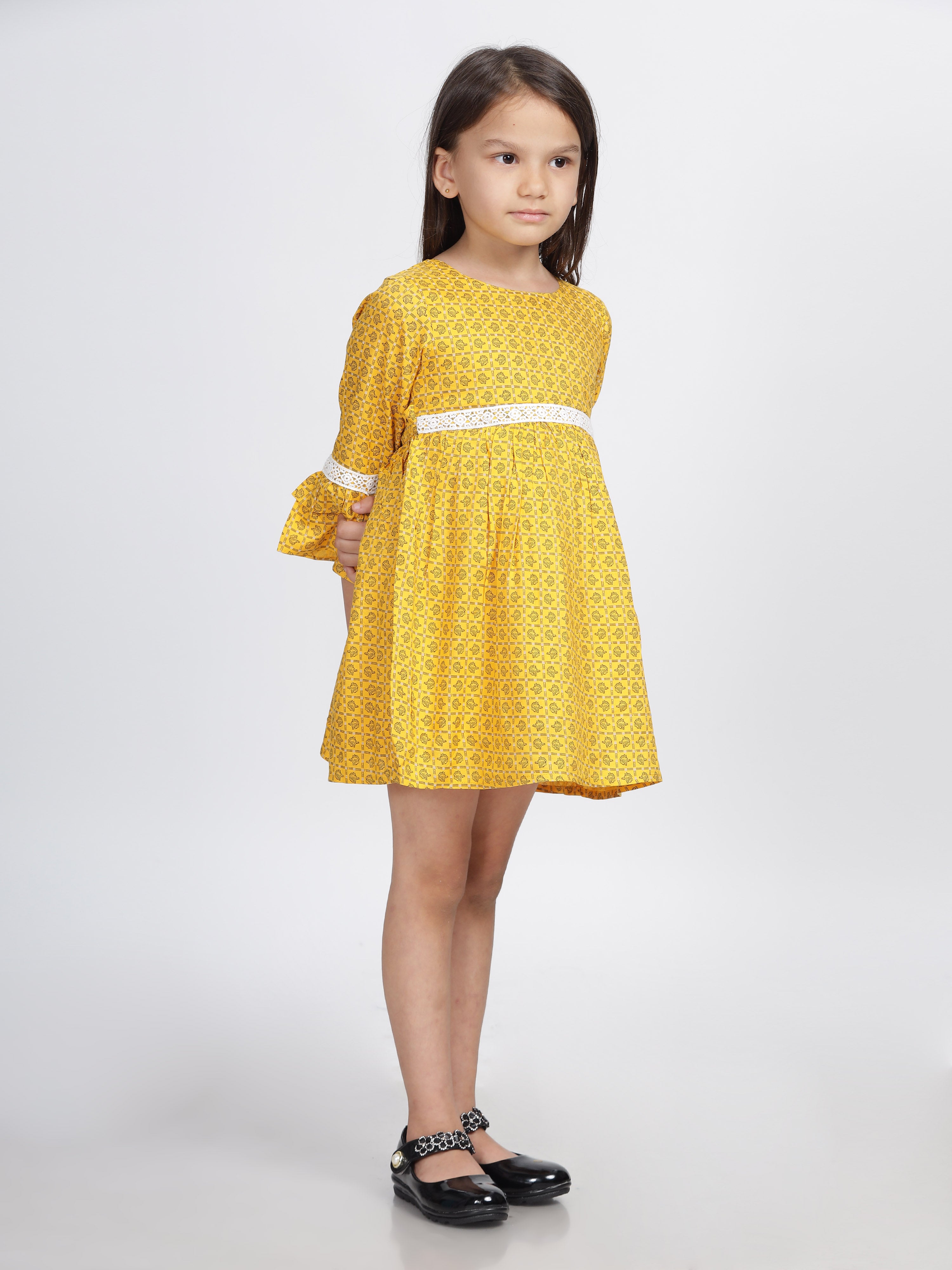 Mustard Checkered Double Frill Sleeves Lace Frock