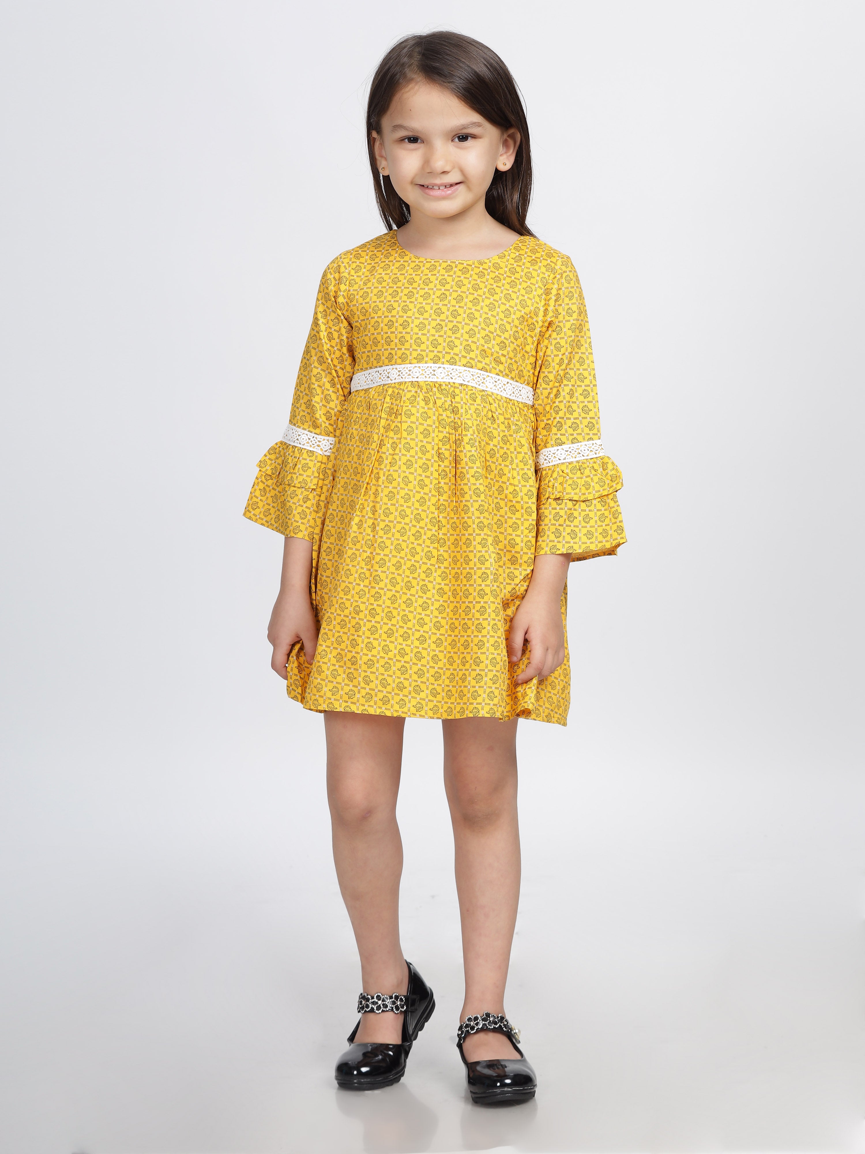 Mustard Checkered Double Frill Sleeves Lace Frock