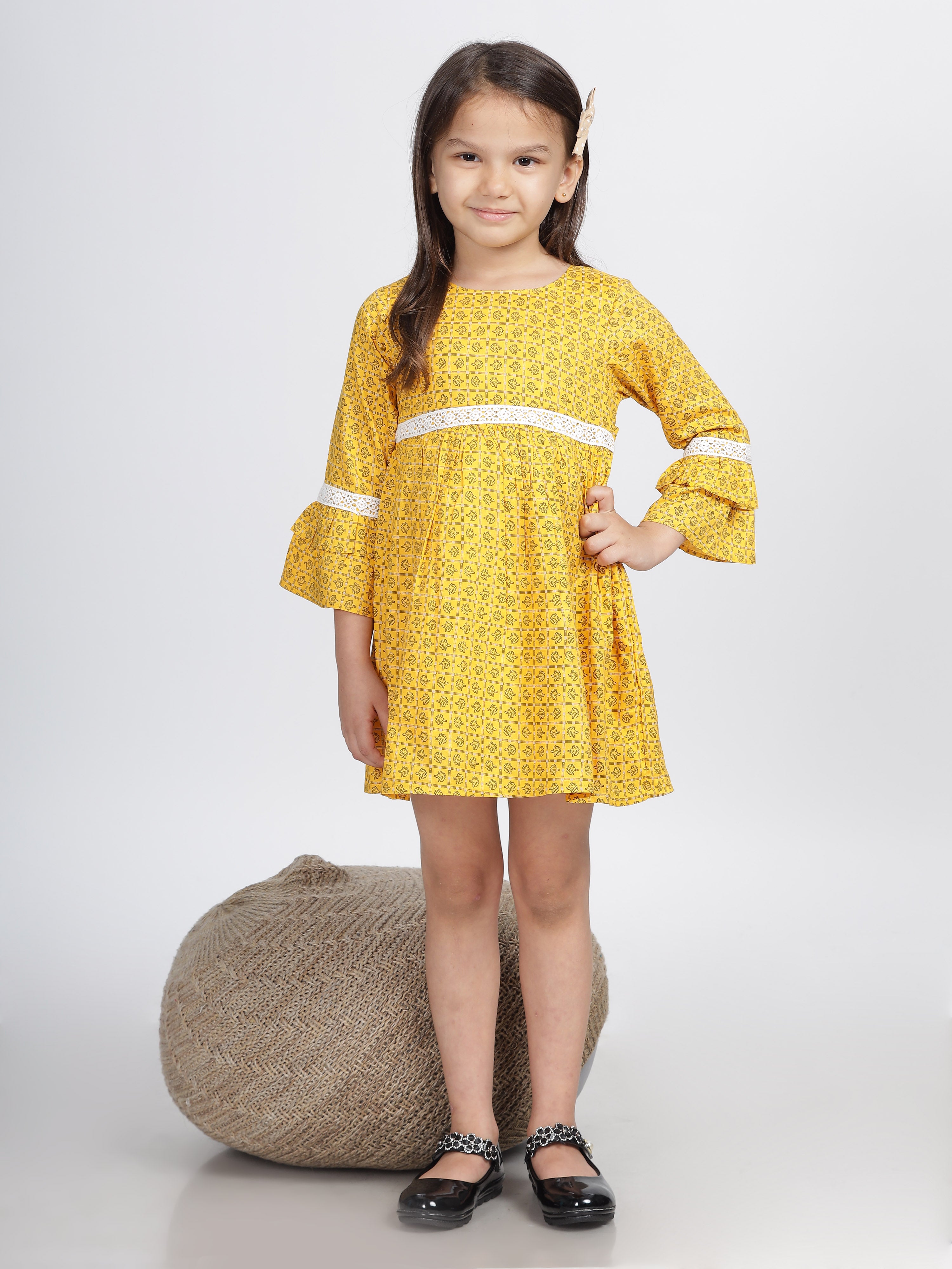 Mustard Checkered Double Frill Sleeves Lace Frock