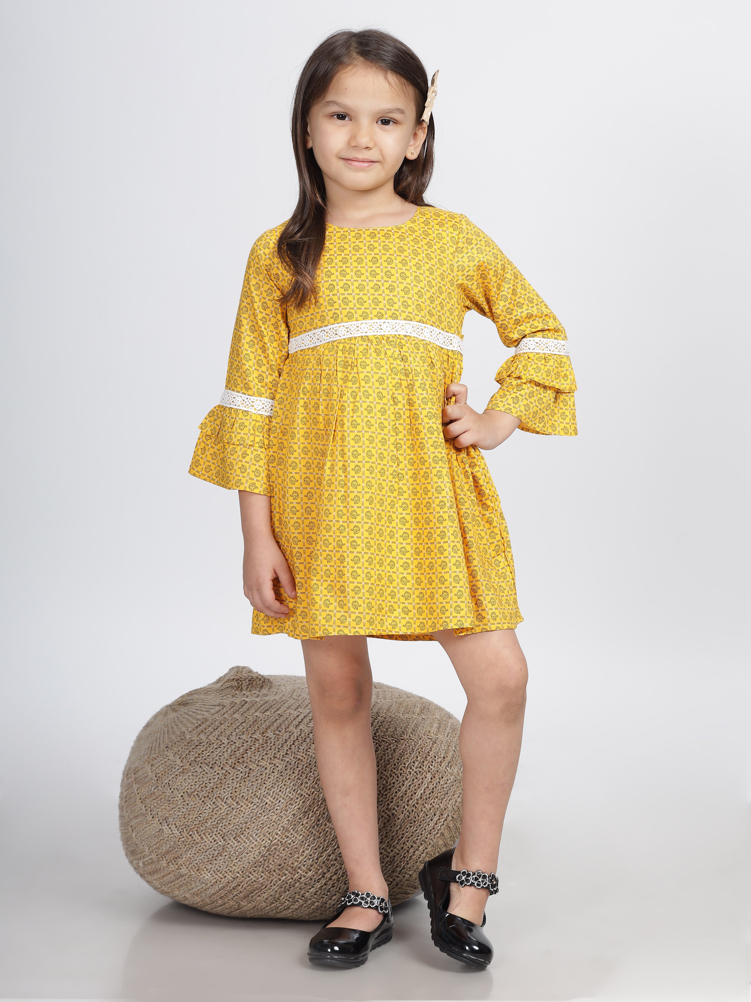 Mustard Checkered Double Frill Sleeves Lace Frock