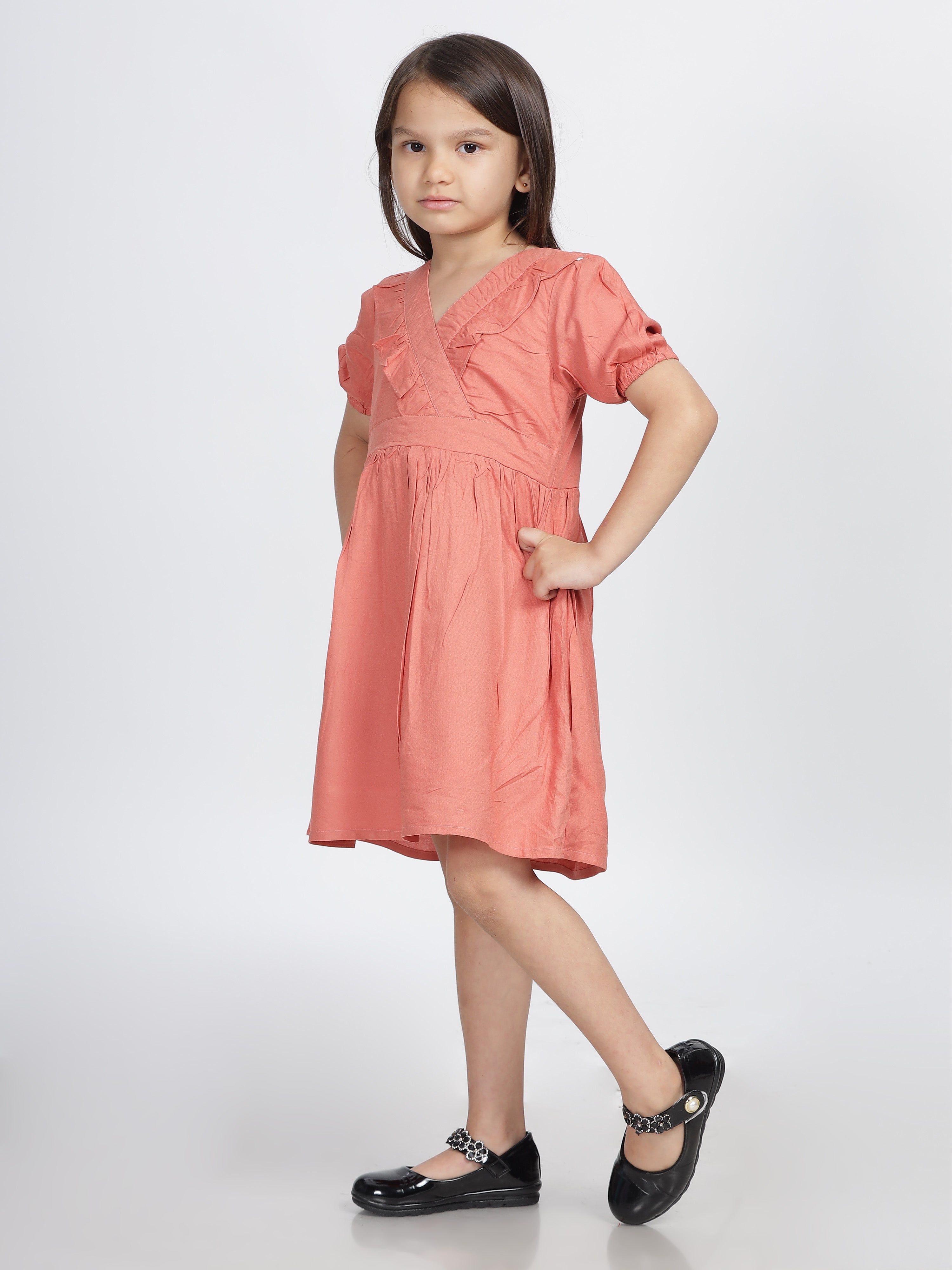 Onion Pink Frill  Neck Half Sleeves Frock