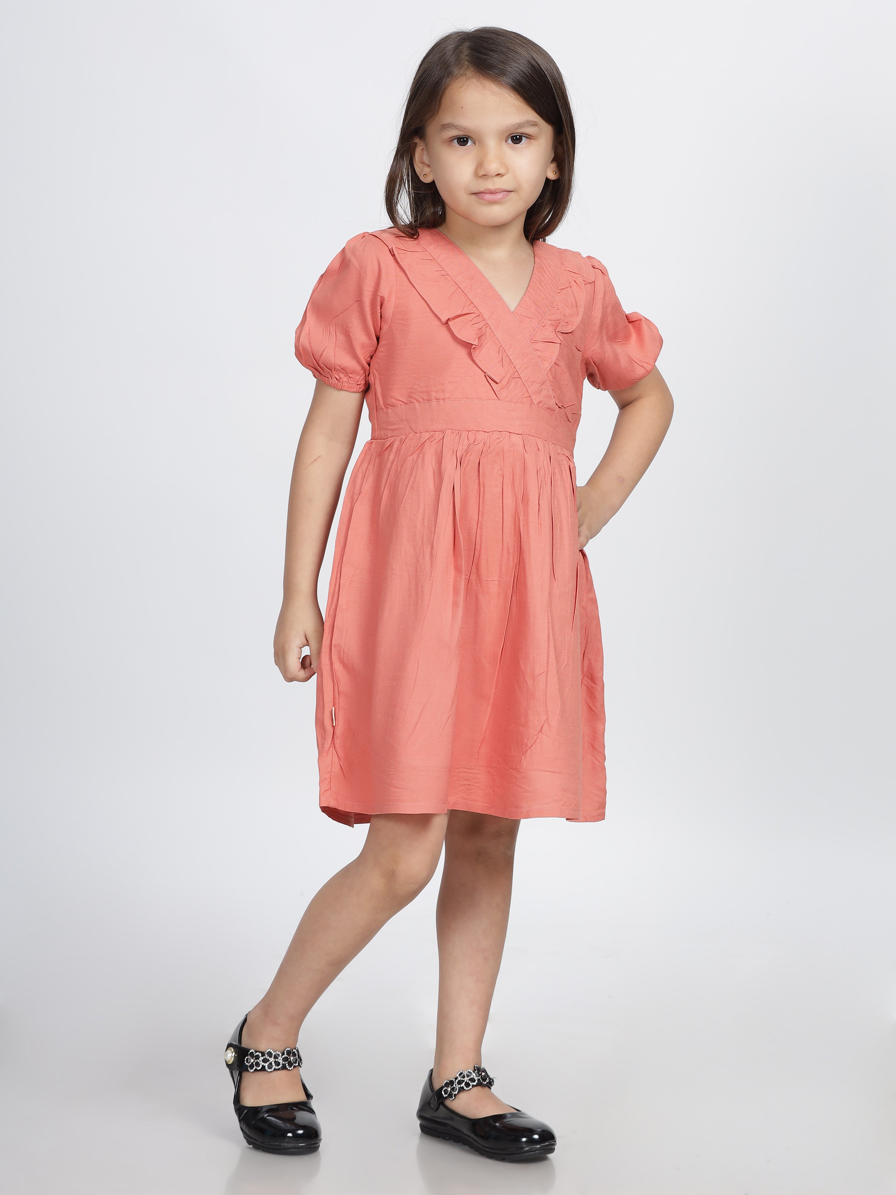 Onion Pink Frill  Neck Half Sleeves Frock