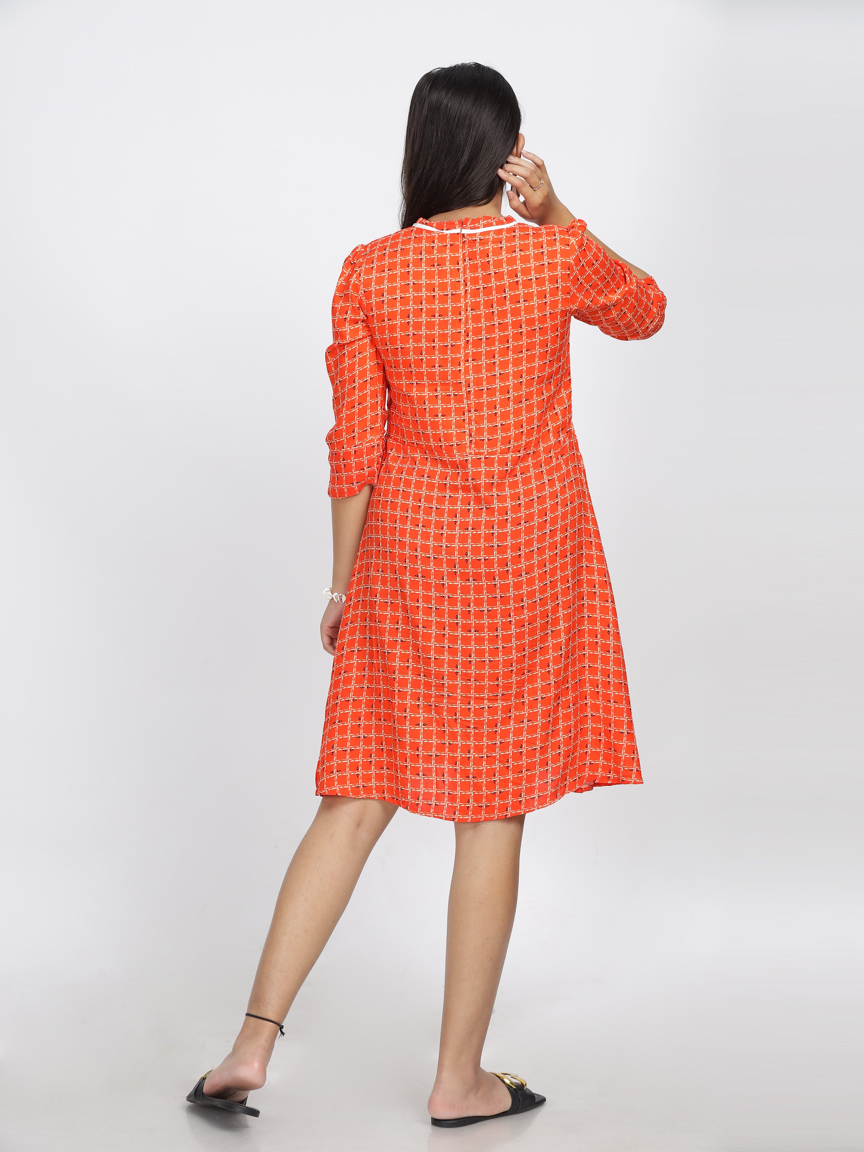 Vibrant Coral Checkered A-Line Dress