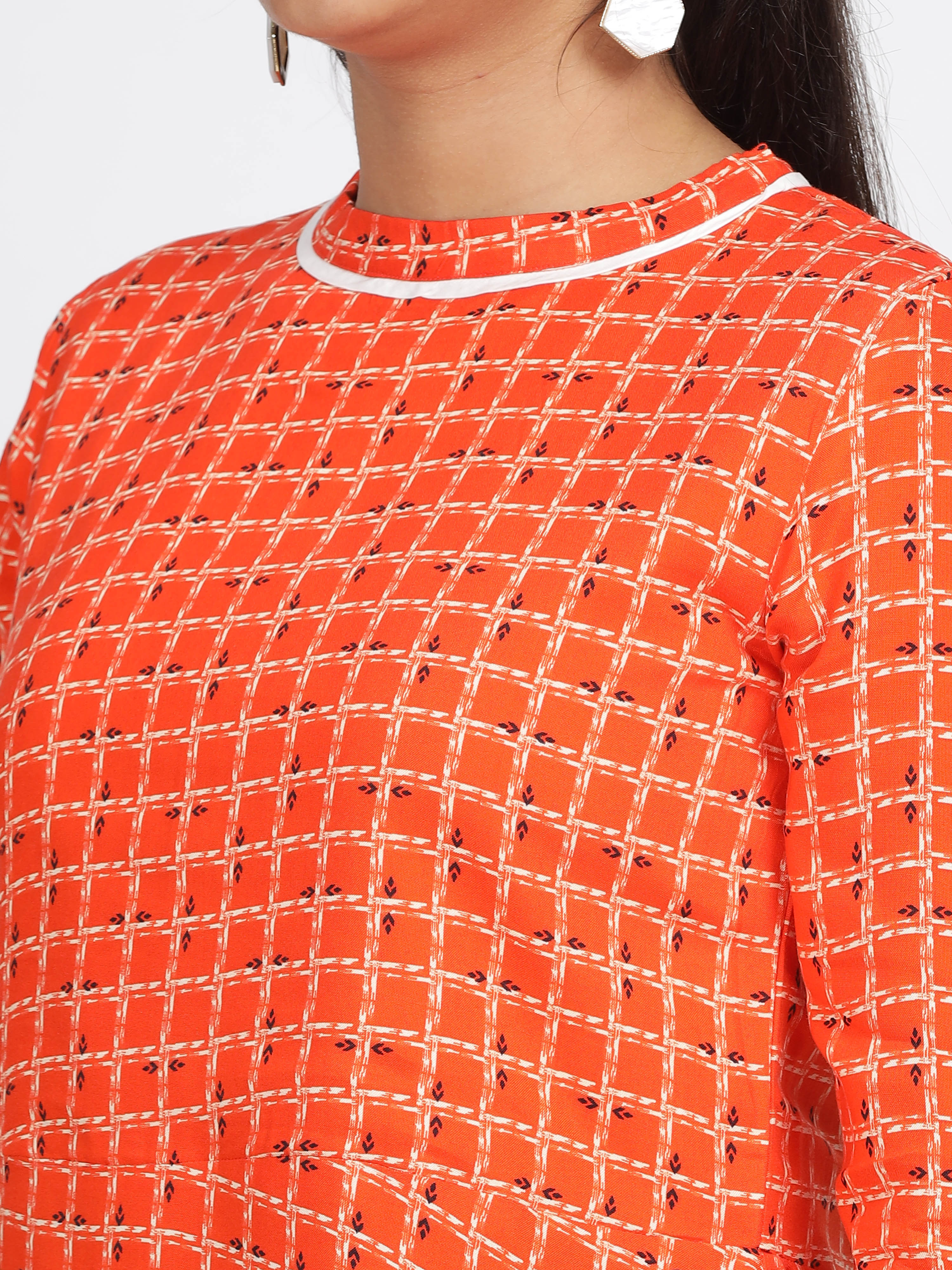 Vibrant Coral Checkered A-Line Dress