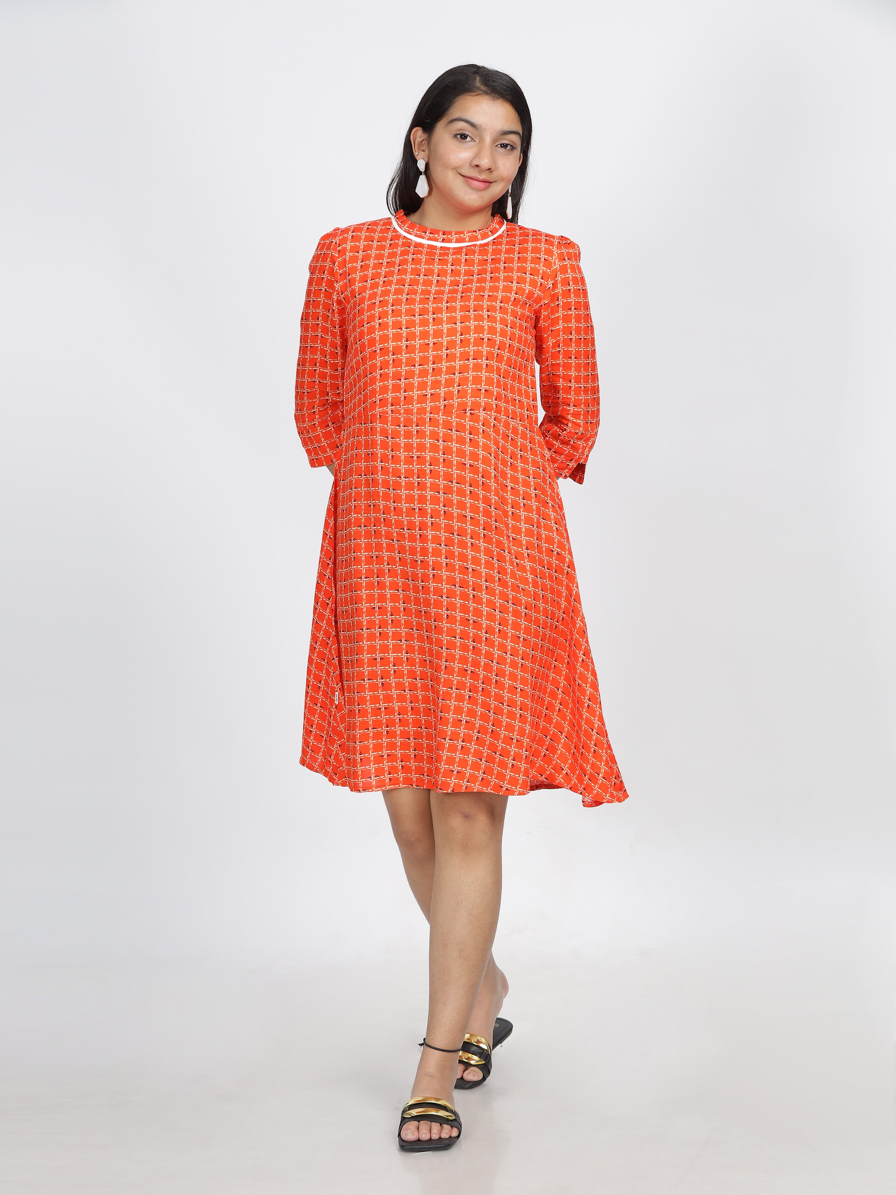 Vibrant Coral Checkered A-Line Dress