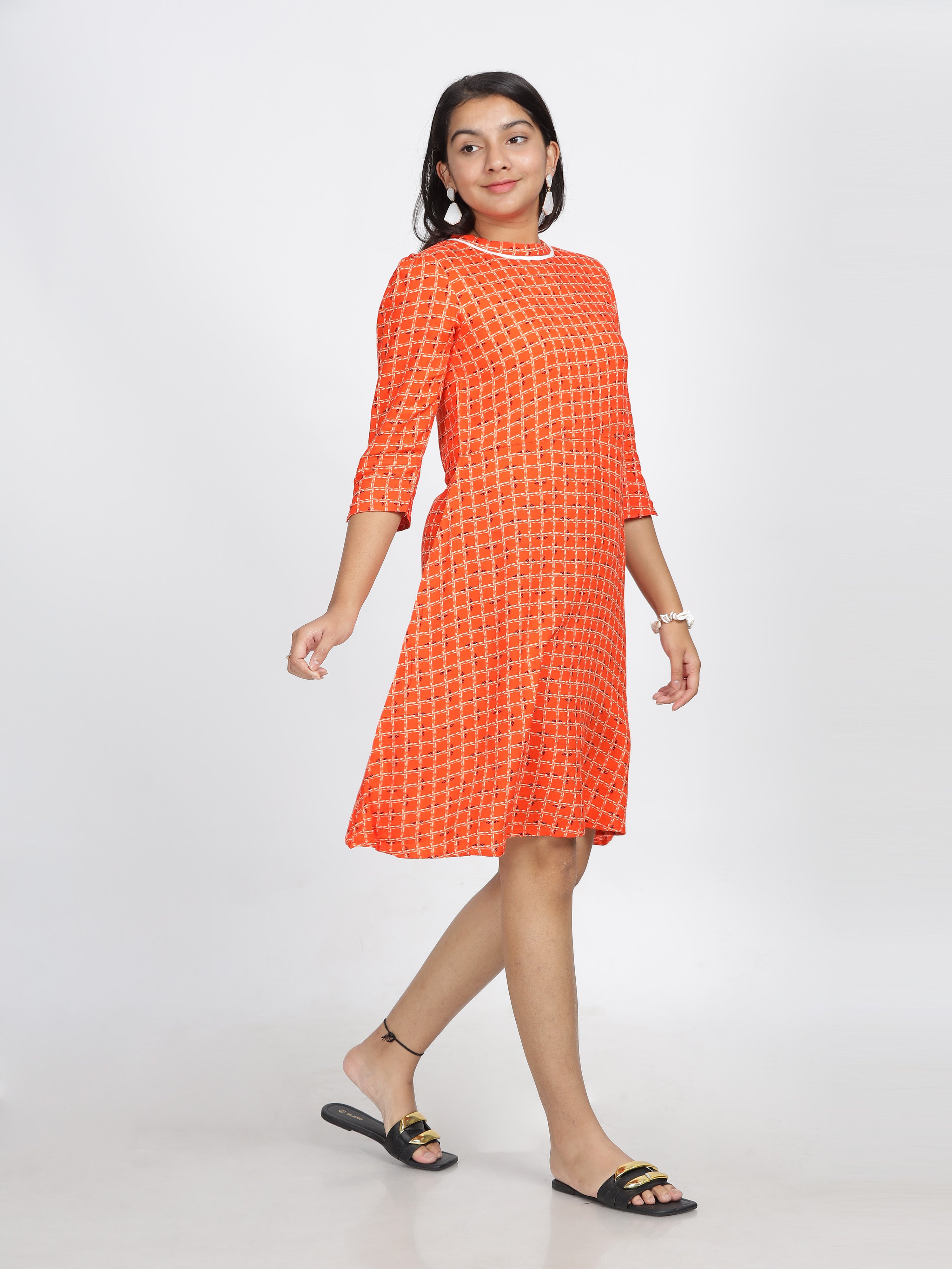 Vibrant Coral Checkered A-Line Dress