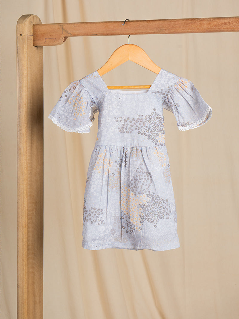 Silver Floral Flutter Sleeve Baby Frock