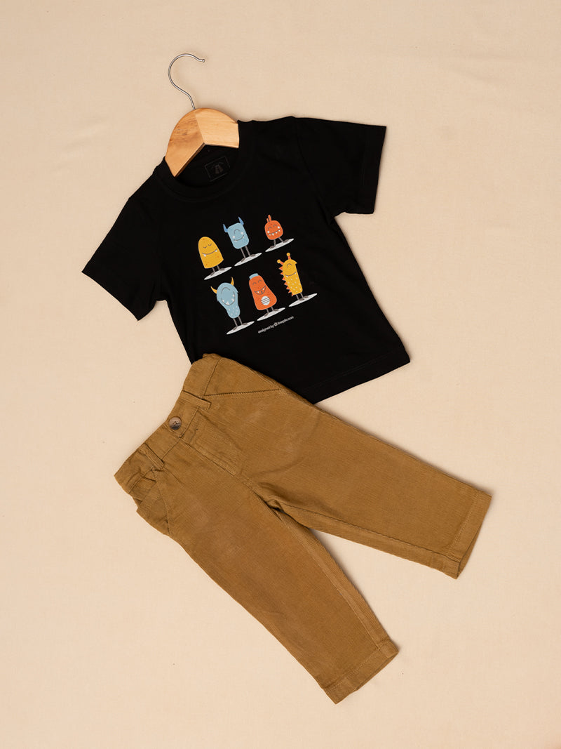 Monster Friends Tee and Mustard Pants Set