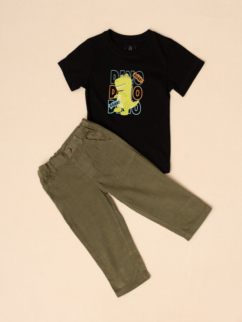 Roaring Dino Tee and Olive Green Pants Set