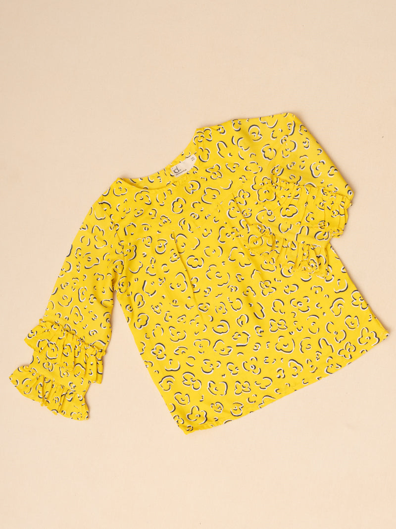 Yellow Leopard Print Ruffle Sleeve Top