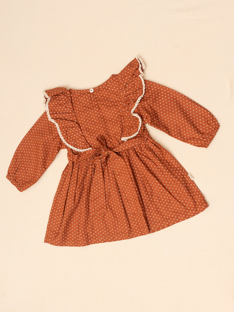 Rust Ruffle Long Sleeve Frock