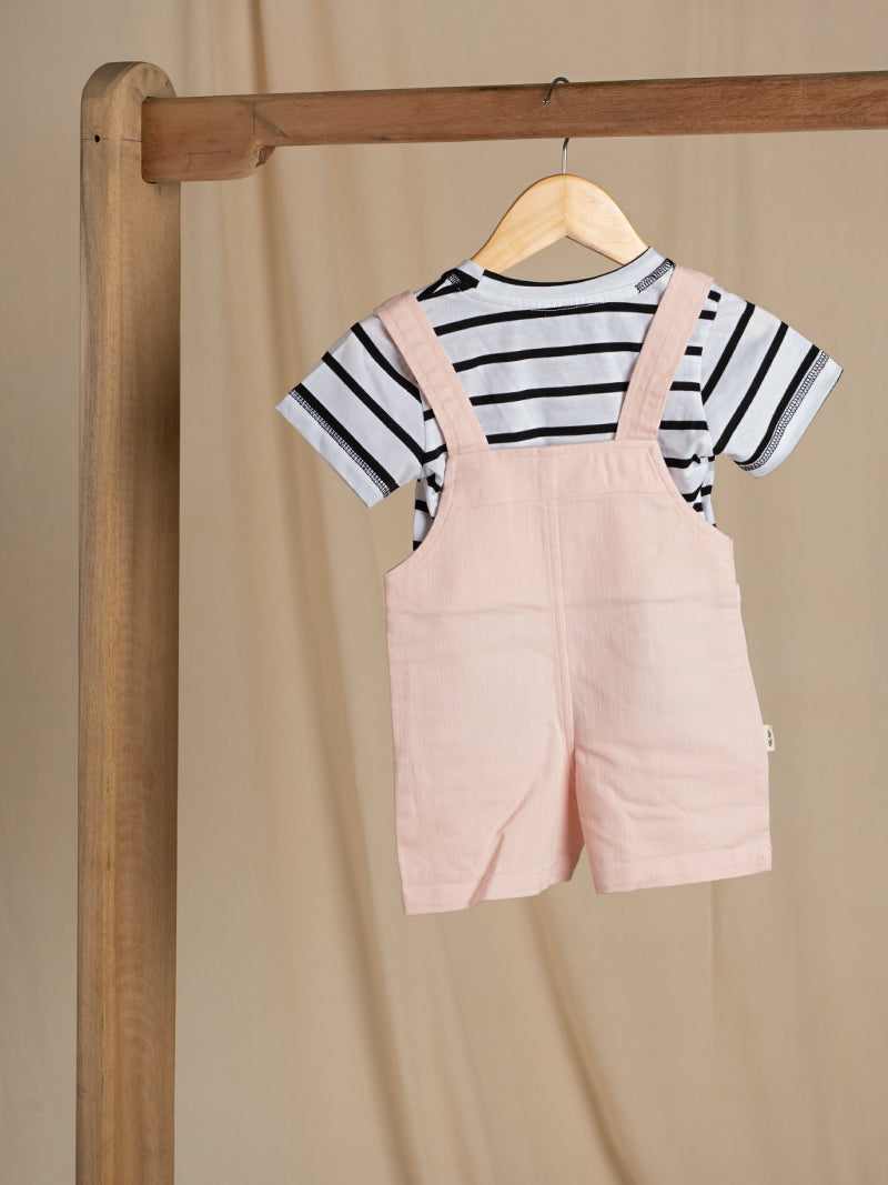 Pink Overalls and Striped Tee Set