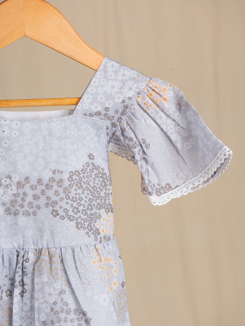 Silver Floral Flutter Sleeve Baby Frock