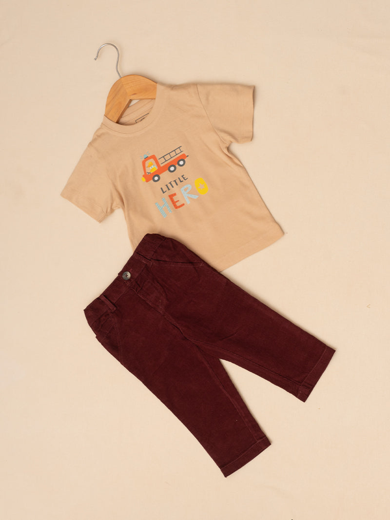 Little Hero Tee and Burgundy Pants Set