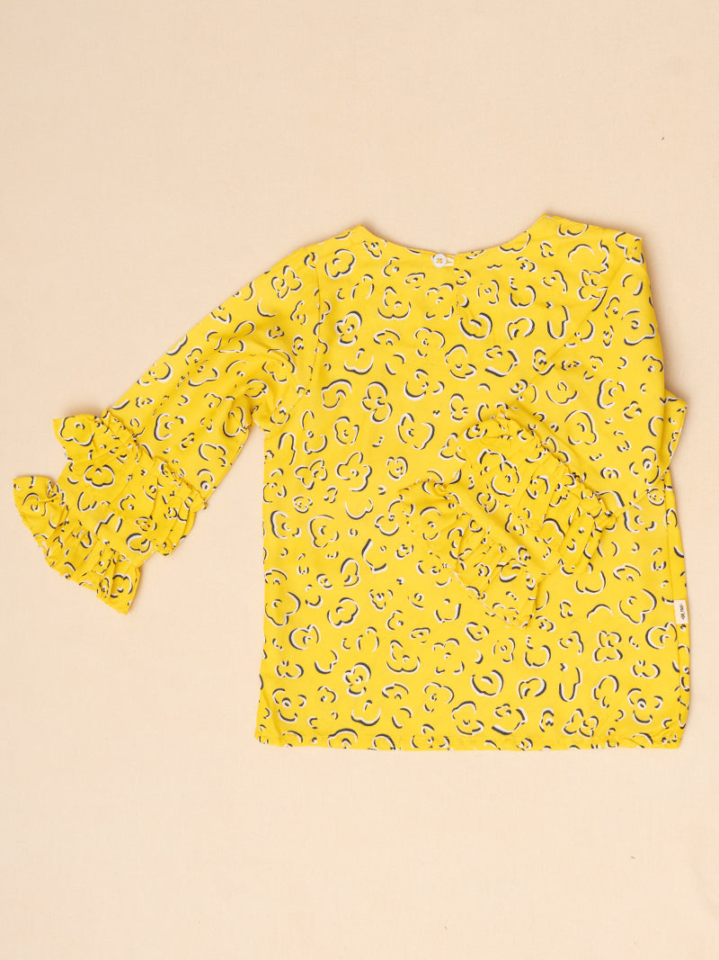 Yellow Leopard Print Ruffle Sleeve Top