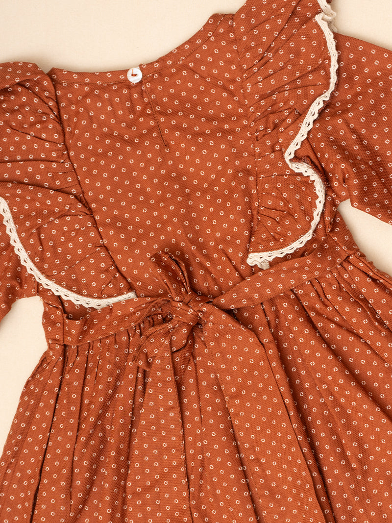 Rust Ruffle Long Sleeve Frock