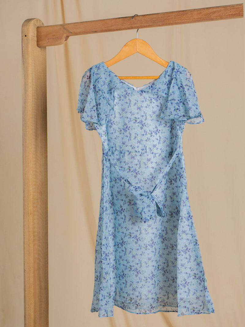 Blue Floral Chiffon Frock