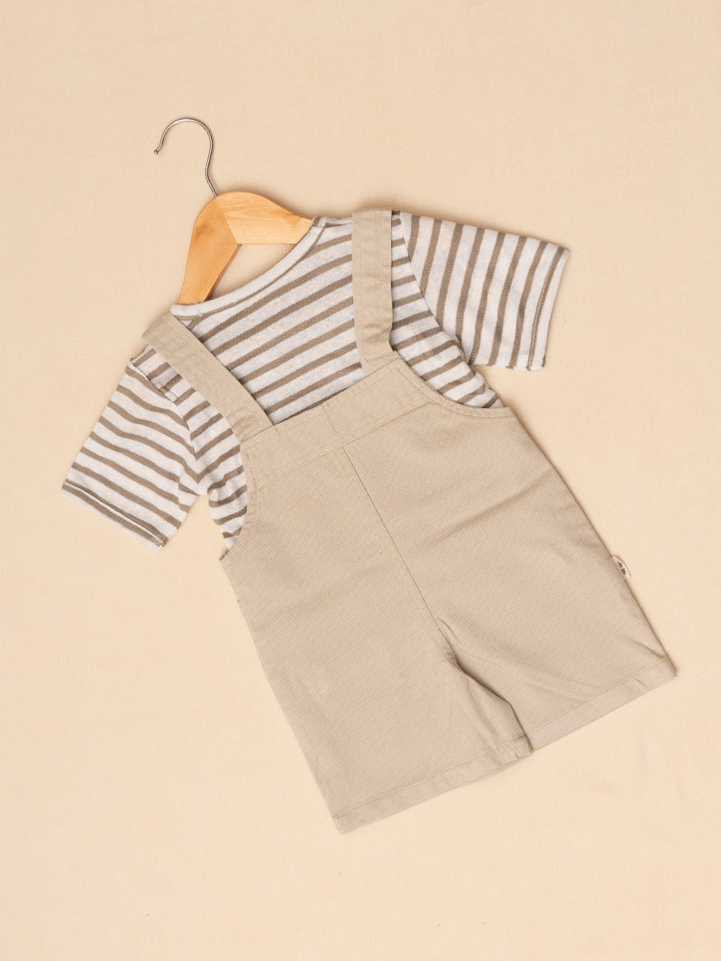 Beige Overalls and Striped Tee Set