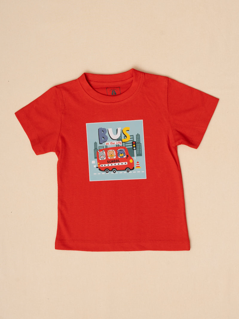 Boys' Red Bus Graphic T-Shirt and Black Shorts Set