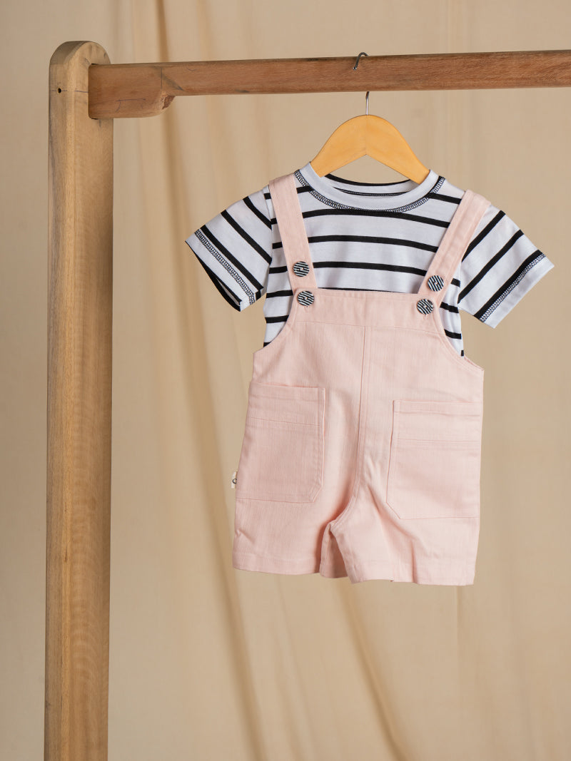 Pink Overalls and Striped Tee Set