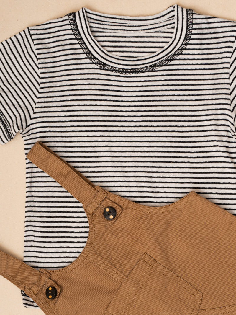 Toddler Striped T-Shirt with Brown Overalls