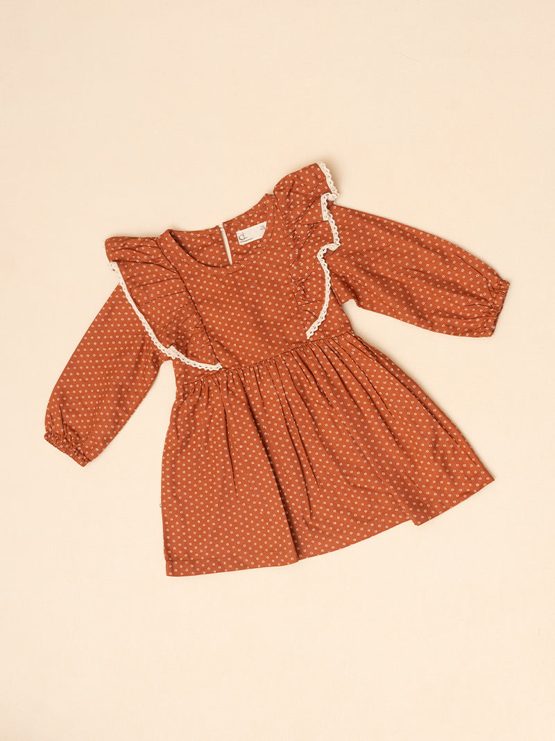 Rust Ruffle Long Sleeve Frock