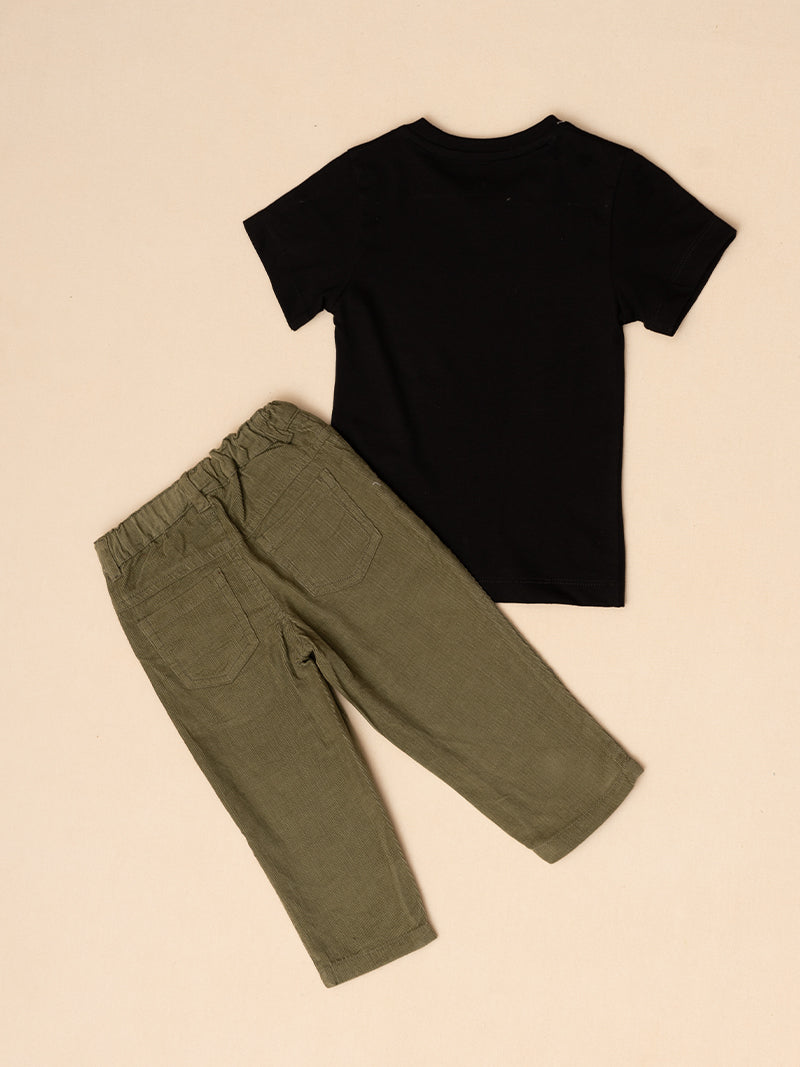 Roaring Dino Tee and Olive Green Pants Set