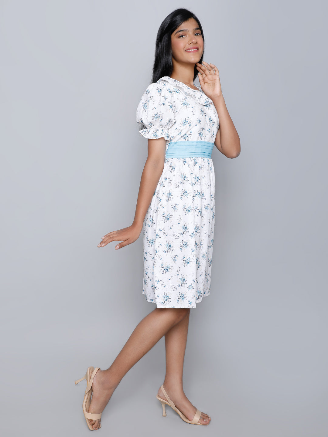 Blue Ribbon Floral Puff-Sleeve Dress